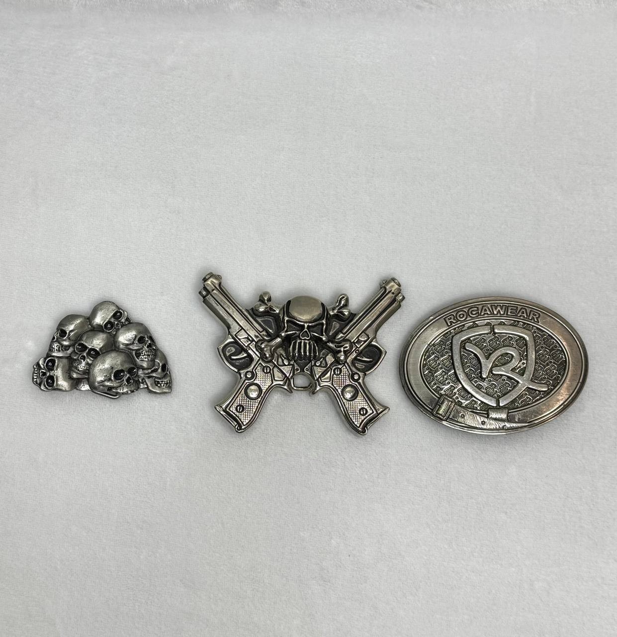 Lot 3 Vintage Belt Buckles Rocawear Skull Guns Metal Heavy Biker Punk