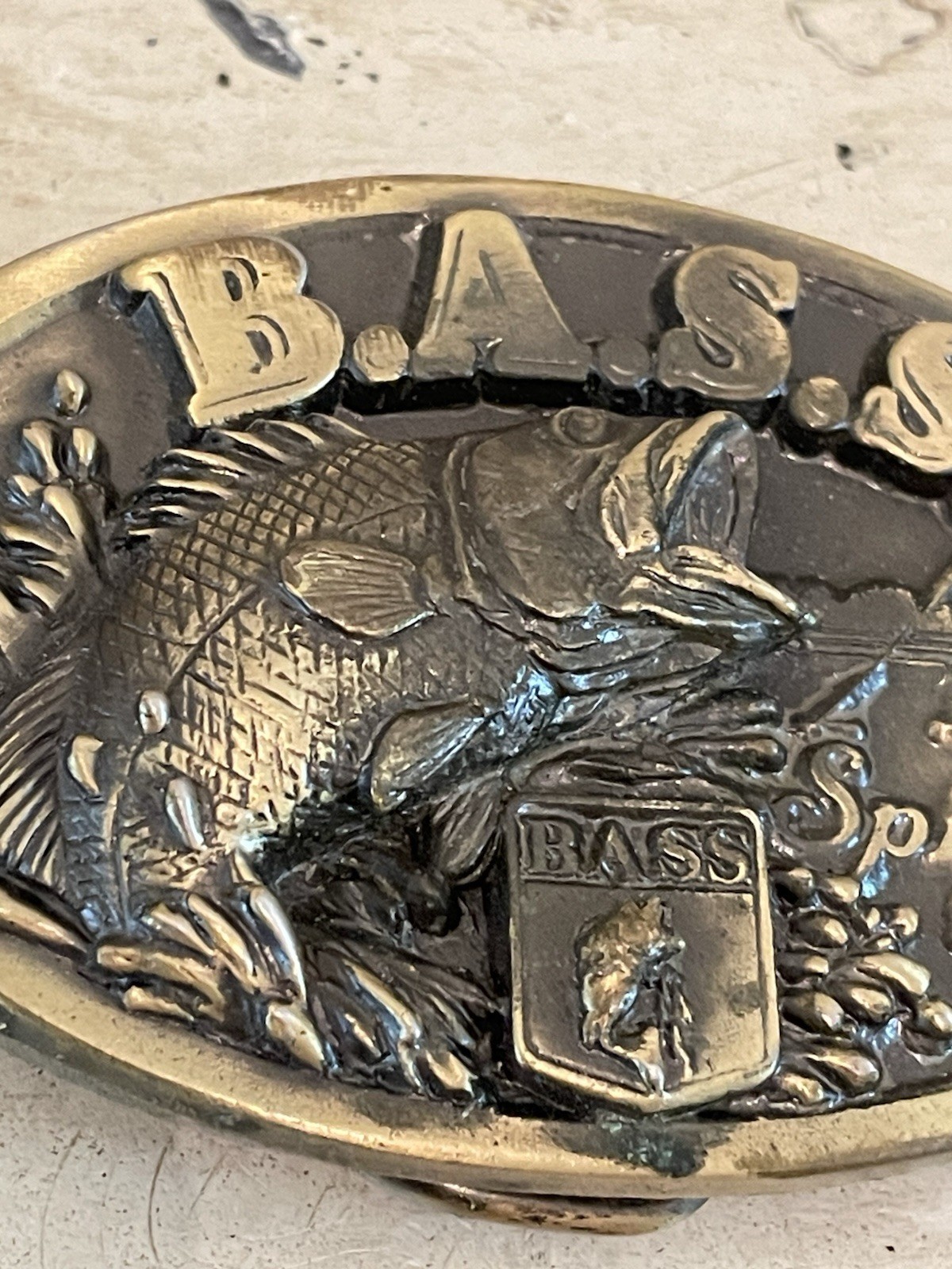 Vintage Spirit of ‘96 B.A.S.S Brass Color Belt Buckle Oval Bass Fishing USA