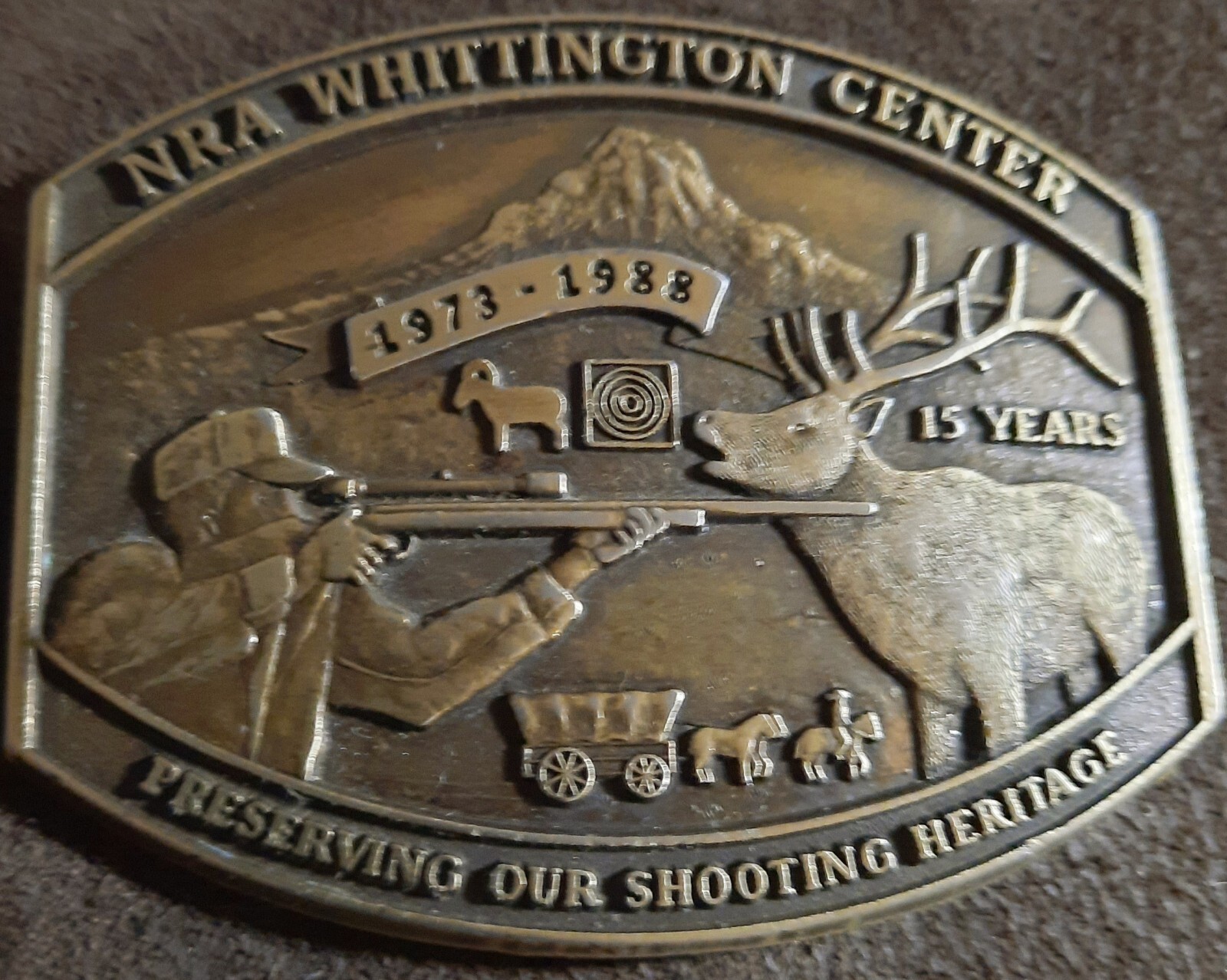1988 NRA WHITTINGTON CENTER BELT BUCKLE 15 Year Brass USA 3.5×2.75&Prime;