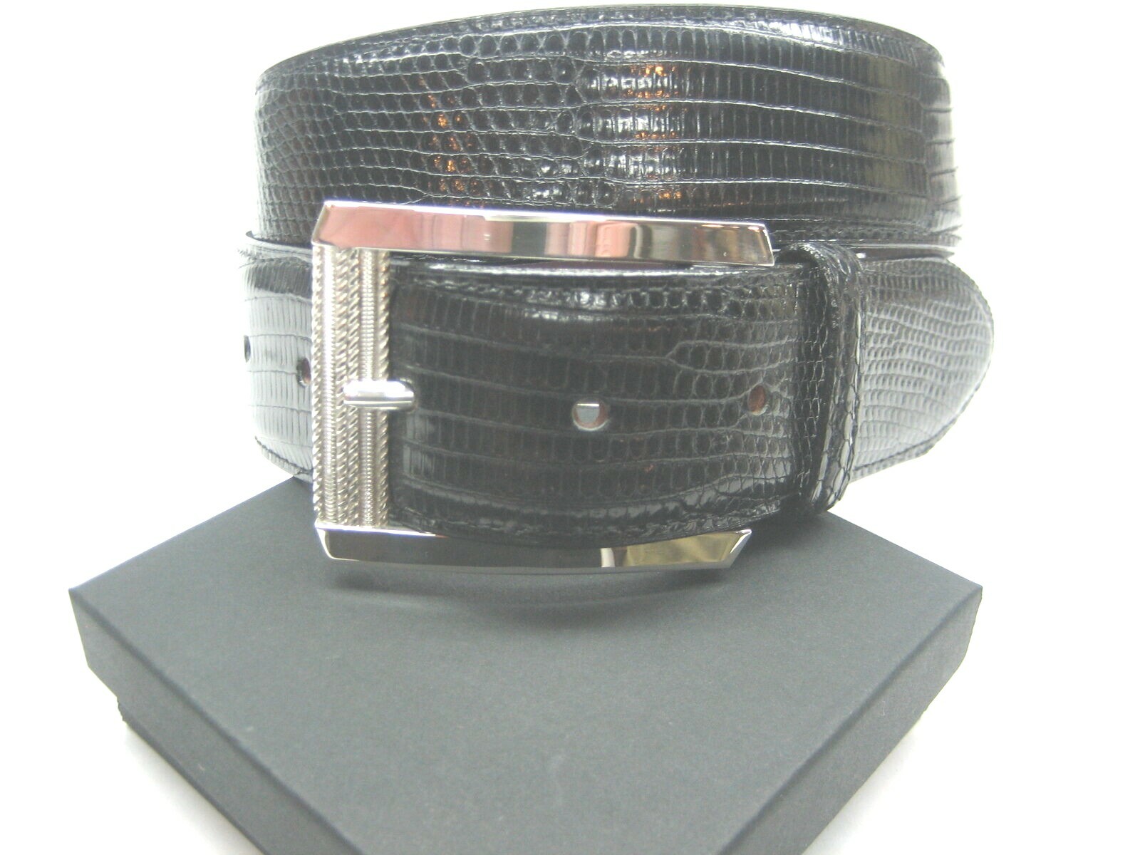 STERLING SILVER 925 BUCKLE WITH GENUINE LIZARD 1-3/8&Prime; BELT MADE IN U.S.A.