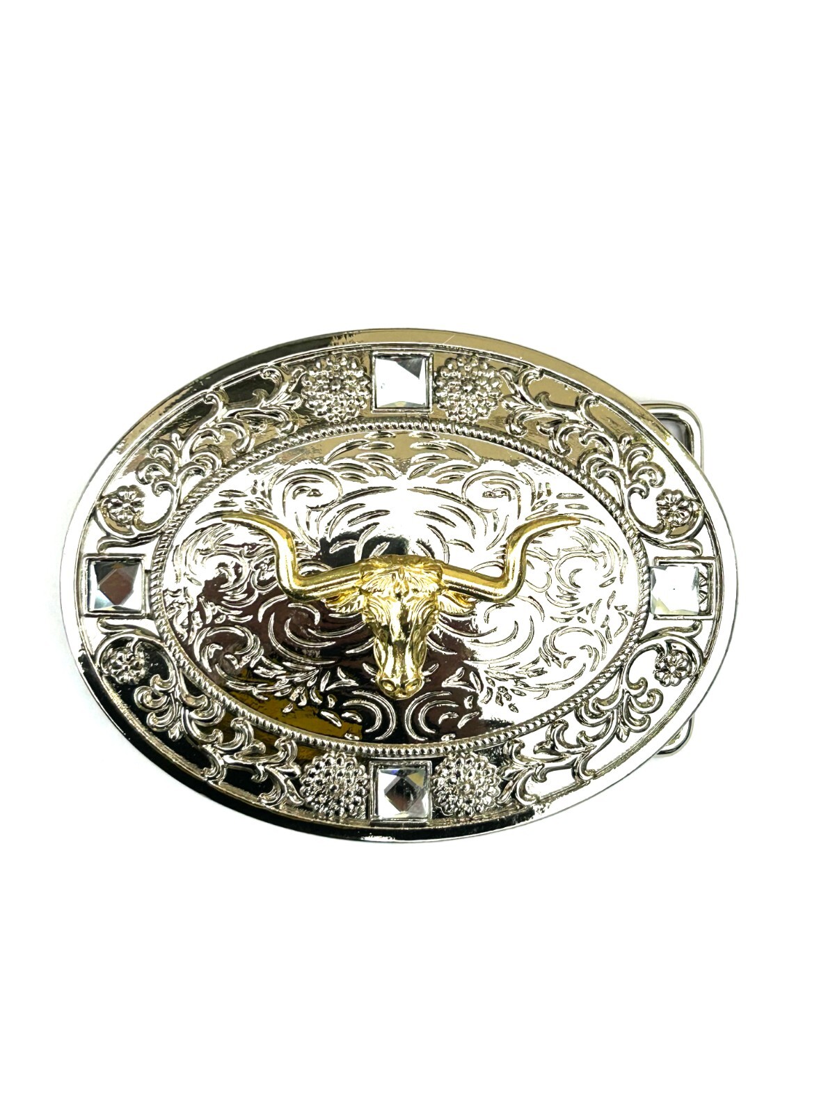 Western Longhorn Buckle Men Unisex Clear Rhinestone Oval Silver Zinc Fit 2 »