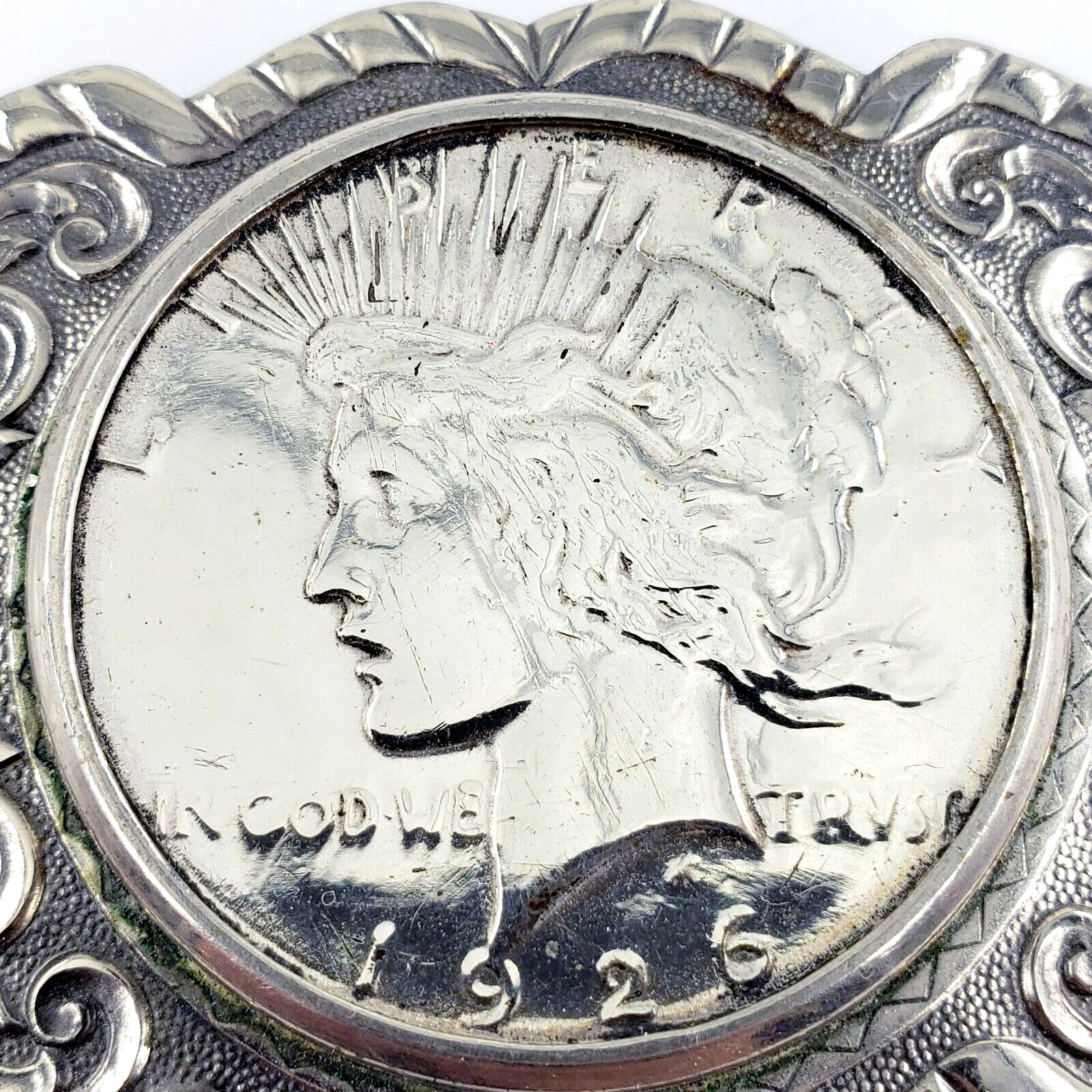 NICKEL SILVER BELL Vintage 1926 Morgan Dollar Coin Ornate Belt Buckle 3.25×1.25&Prime;