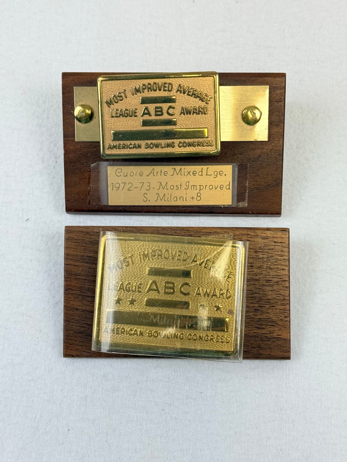 2 VINTAGE ABC AMERICAN BOWLING CONGRESS MOST IMPROVED AVERAGE BRASS BELT BUCKLE