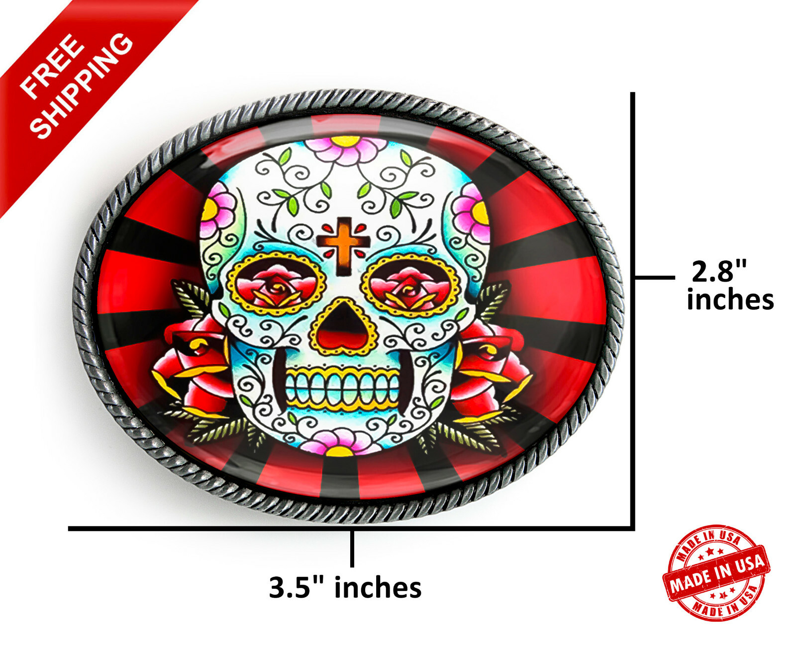 Day of the Dead Belt Buckle – Sugar Skull Rays Handmade Silver Buckle – 61