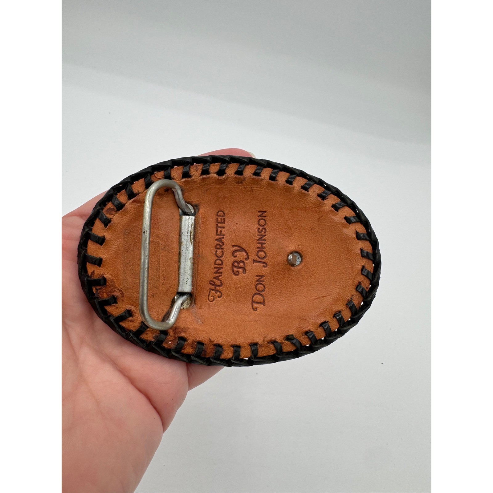 Don Johnson Handcrafted Snakeskin Leather Whipstitch Oval Belt Buckle Brown Tan