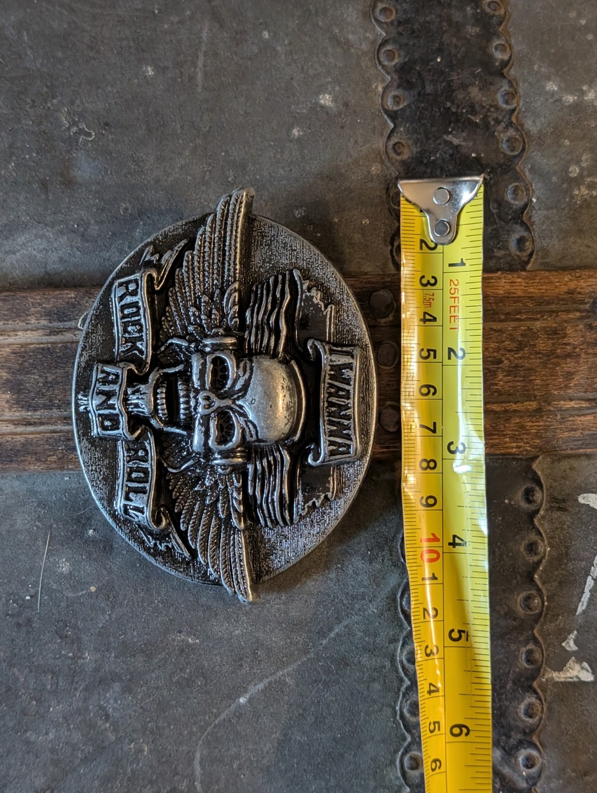 1990s I Wanna Rock And Roll Belt Buckle Skull & Wings 4.5&Prime; New w/o Tags