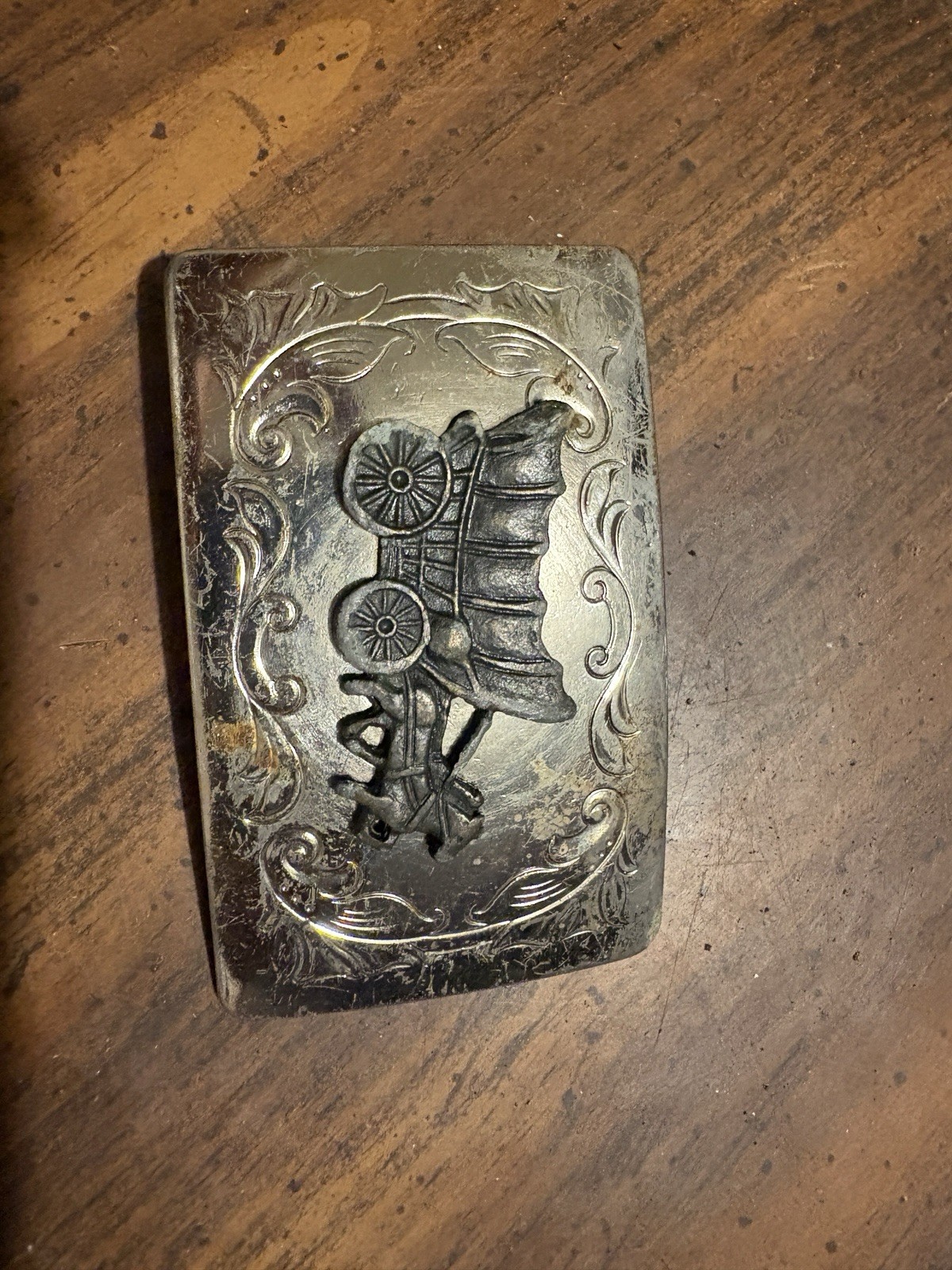Silver Engraved Metal Western Wagon Rectangular Belt Buckle Fits 1.5 in