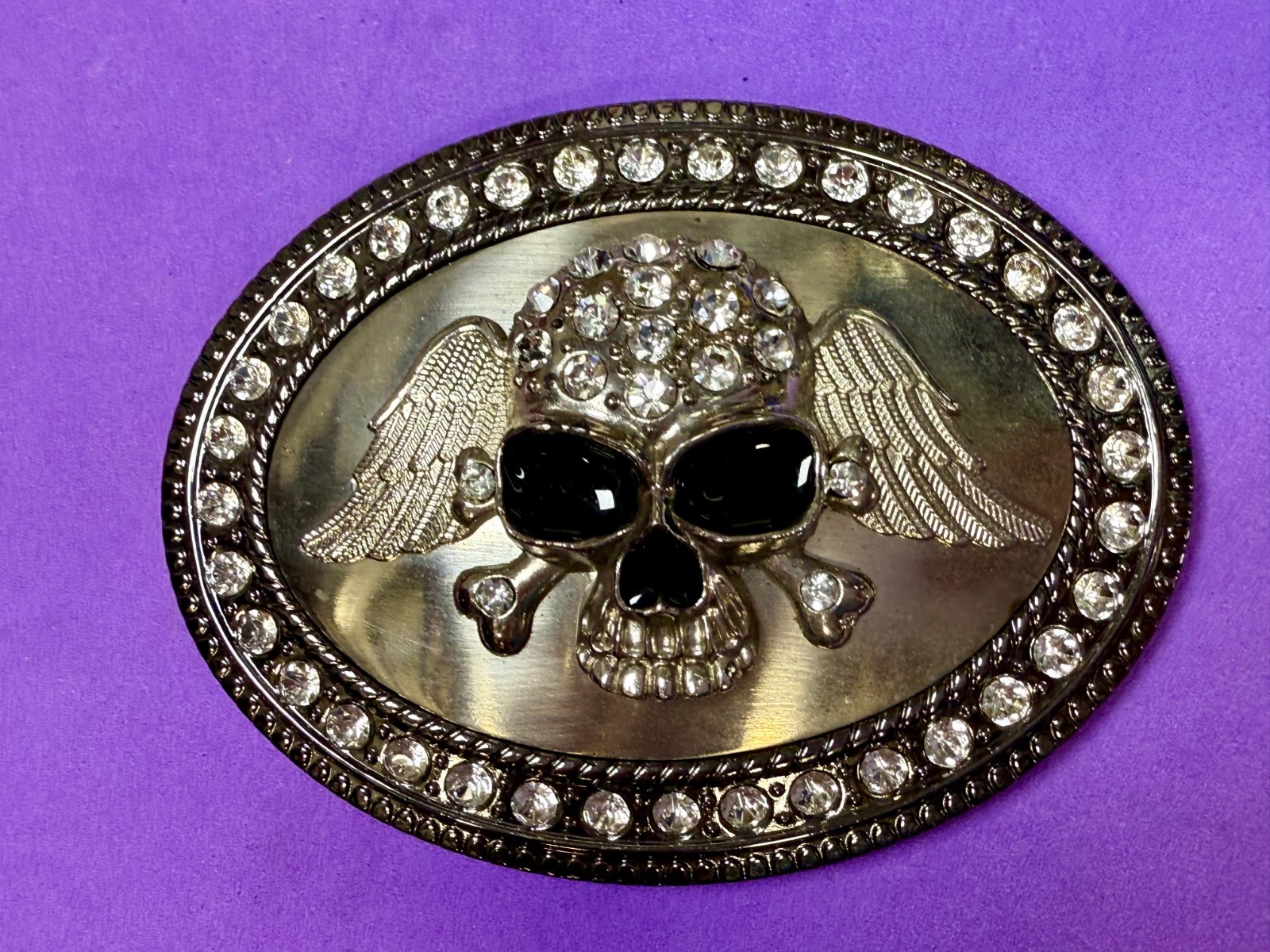 Skull Wings Crossbones with Clear Rhinestone Halloween Gothic LARGE Belt Buckle