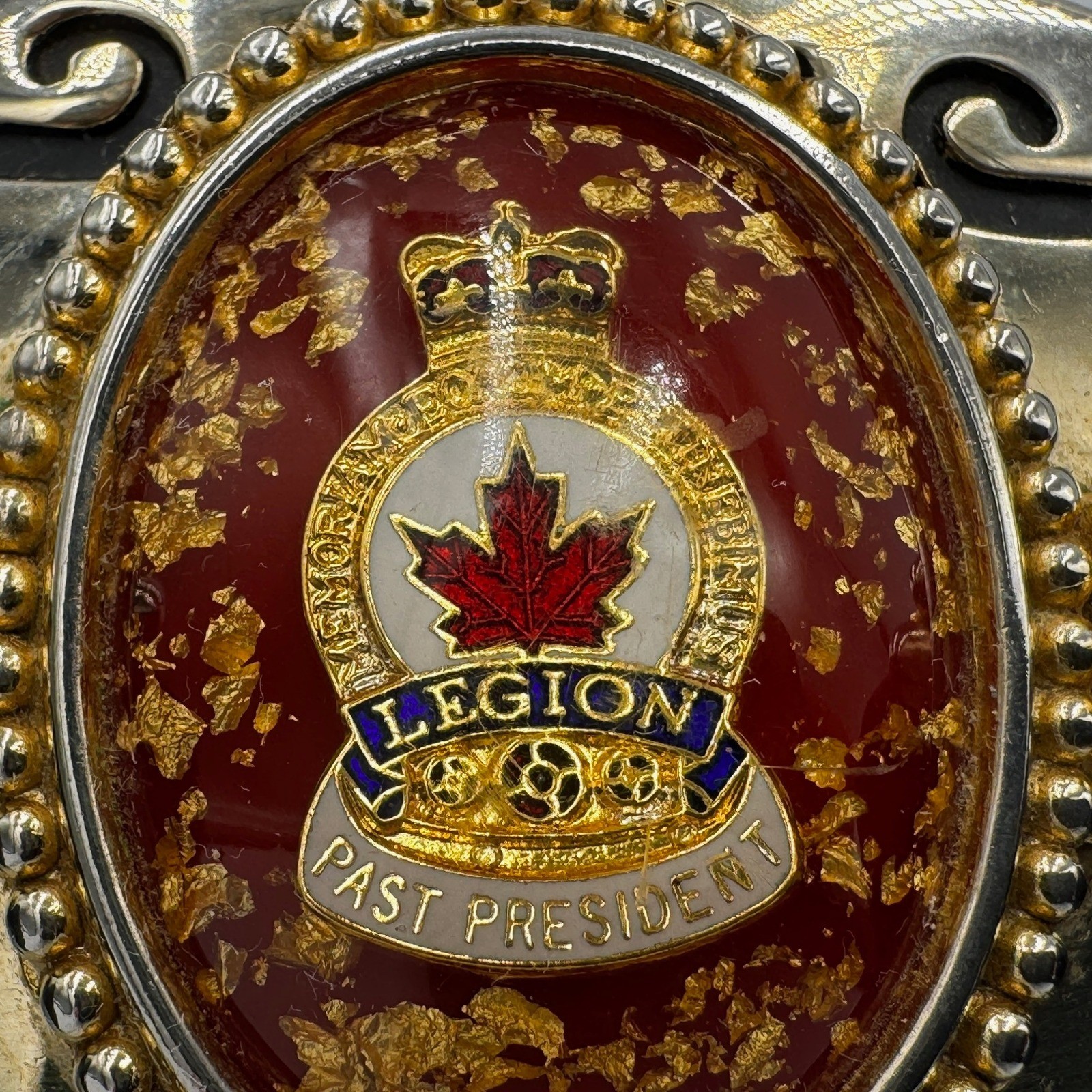 Royal Canadian Legion Past President Belt Buckle Maple Leaf Crown Silver Gold