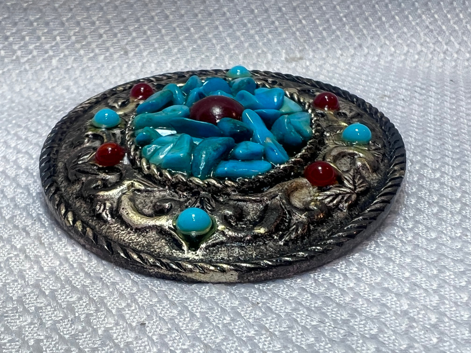 VTG Turquoise Belt Buckle Red Color Stones South Western Country Style Oval