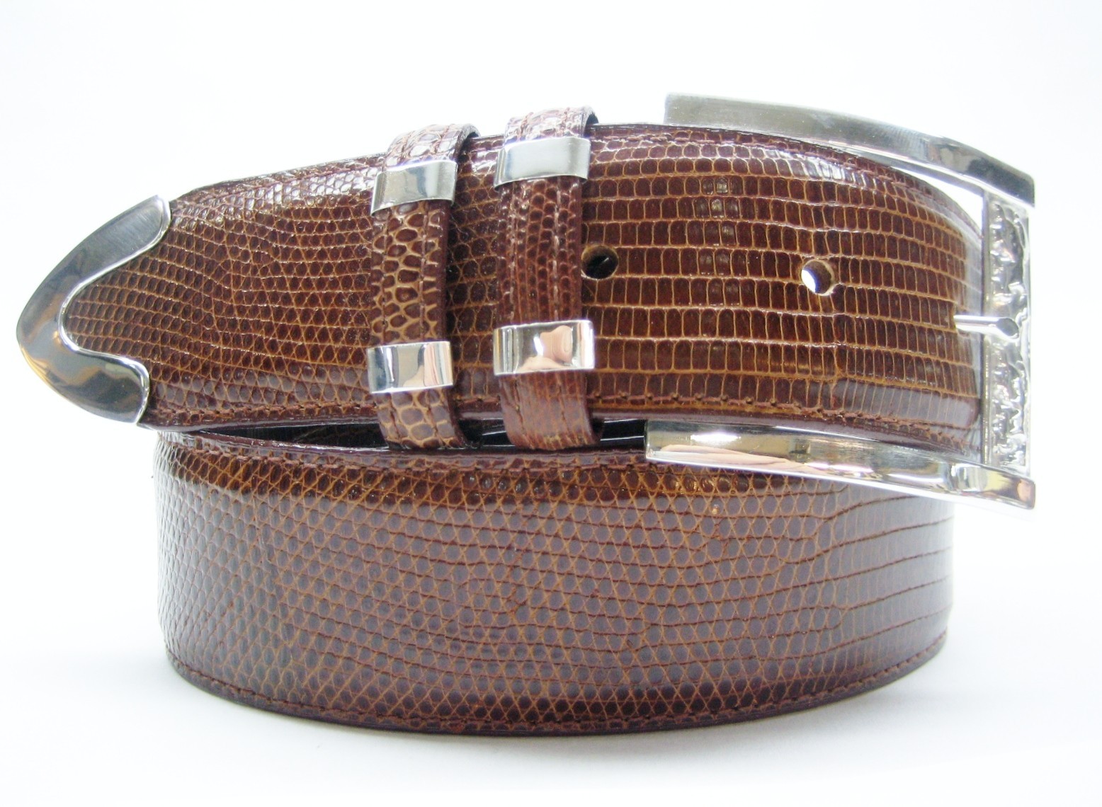 Sterling Silver buckle 2 loops & tip set w Lizard-1-1/2&Prime; belt size 26 to 46 USA.