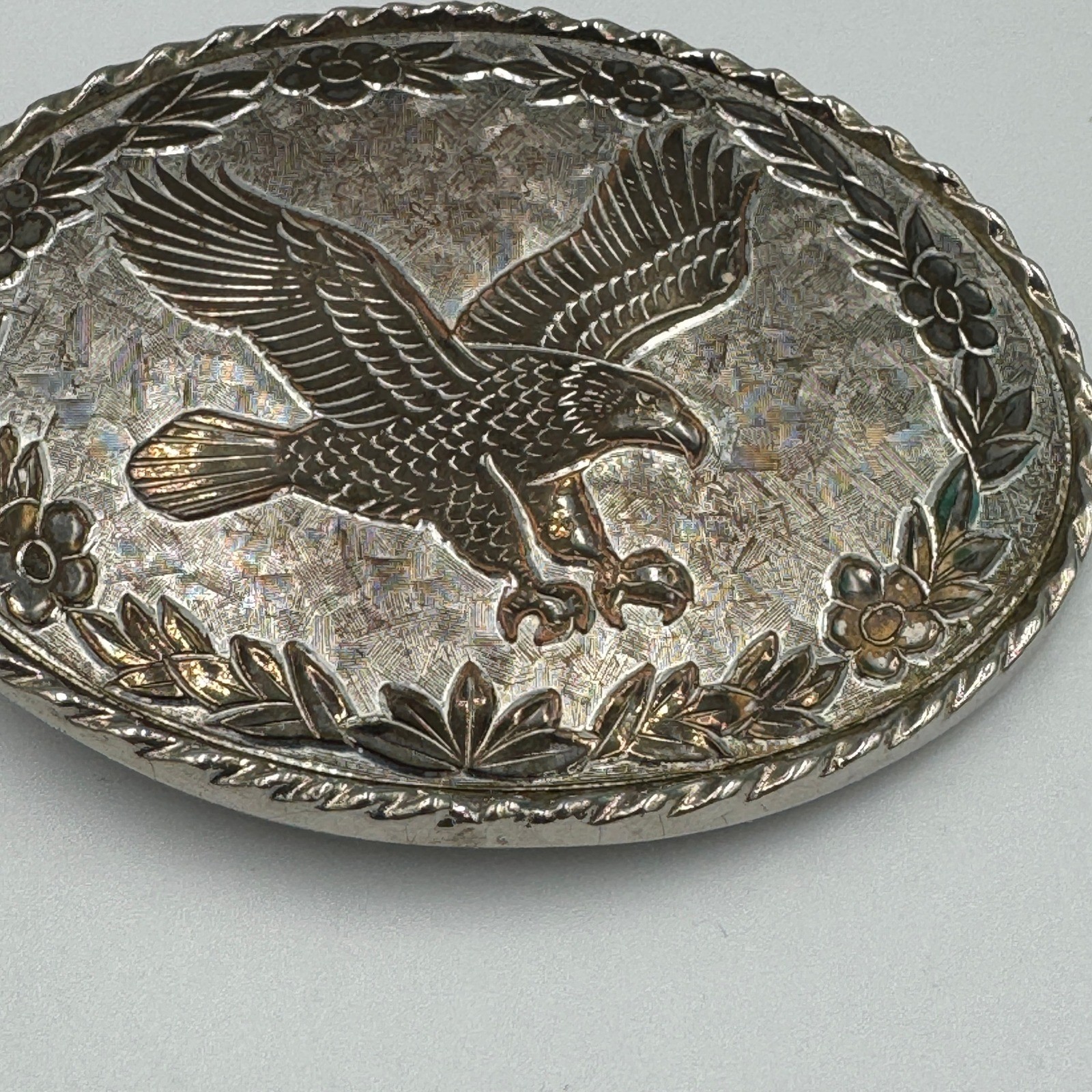 Vintage W USA Silver Tone Bald Eagle Western Belt Buckle Floral Oval Americana