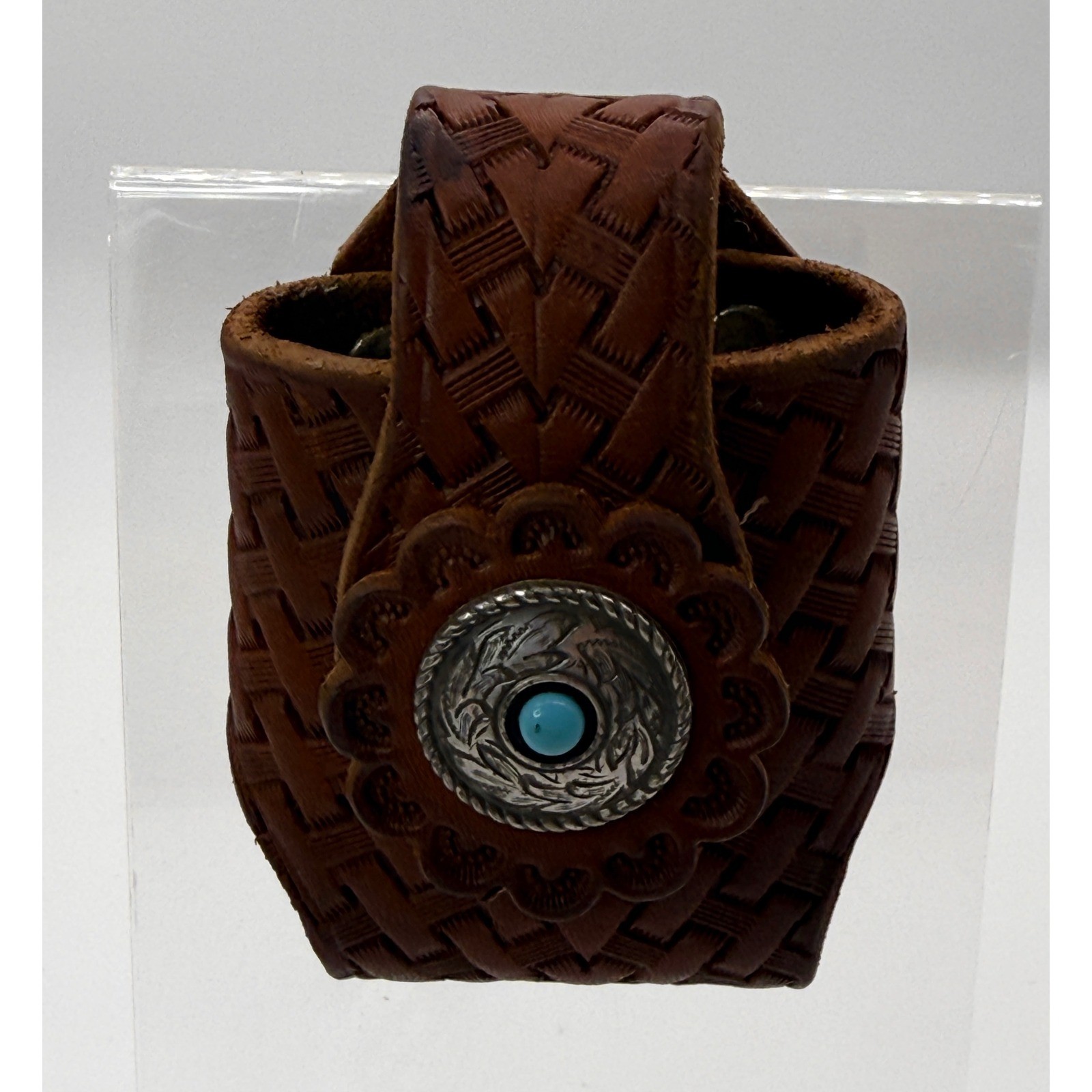 Vintage Hand Tooled Leather Belt Pouch Basket Weave Western Turquoise Concho