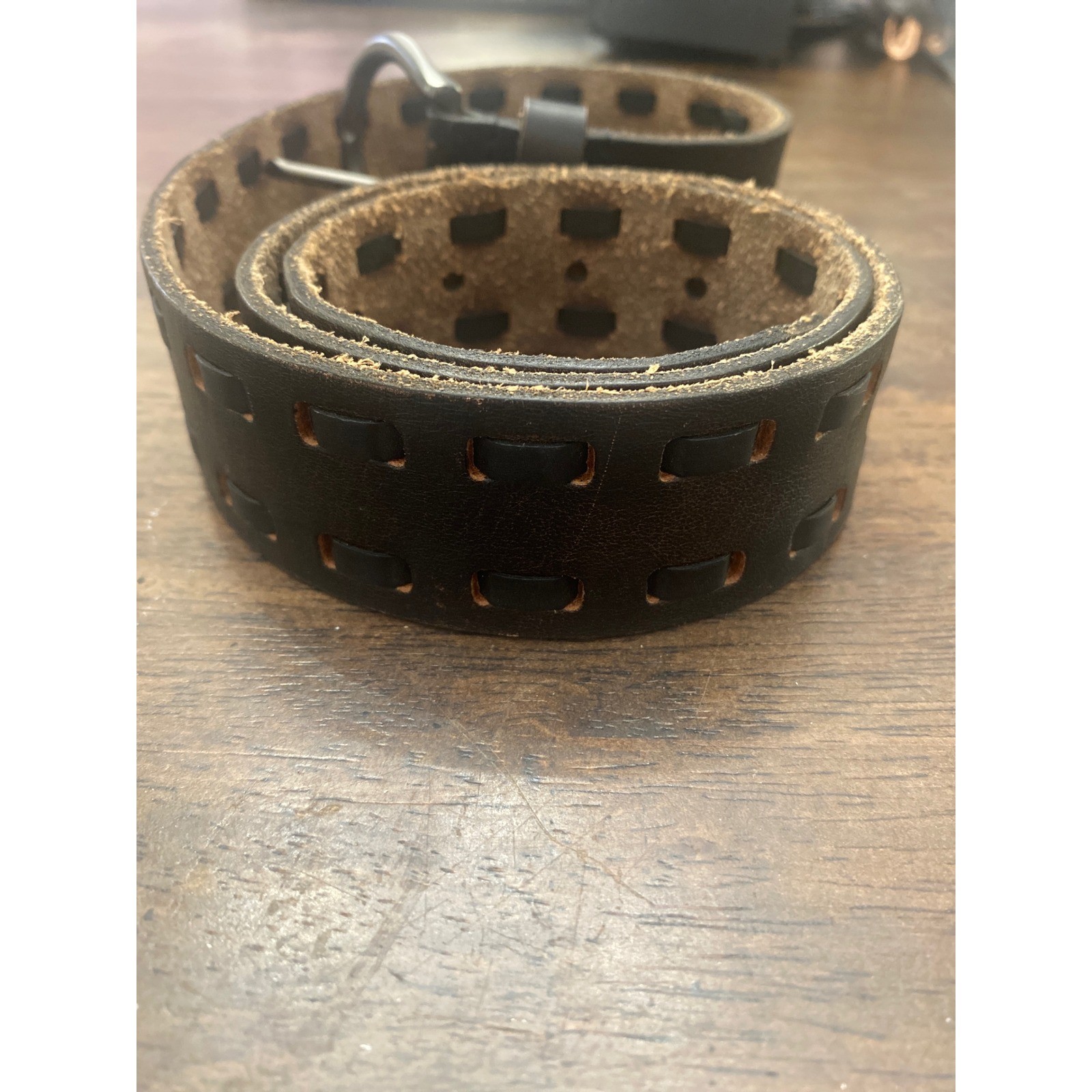Black Genuine Leather Woven Cutout Belt Gunmetal Horseshoe Buckle Mens Womens