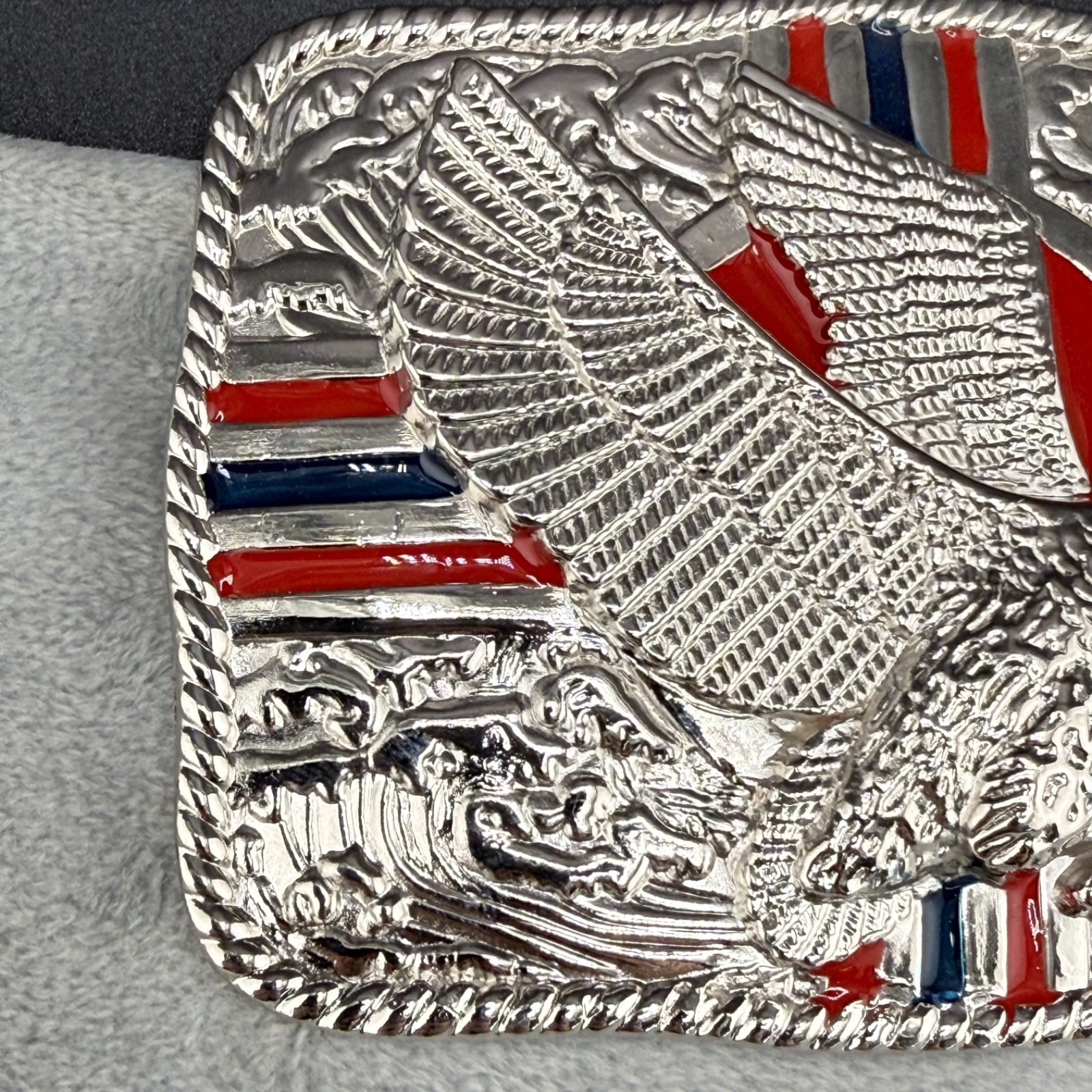 Vintage Buckle Silver Tone Eagle Hawk Enamel Patriotic