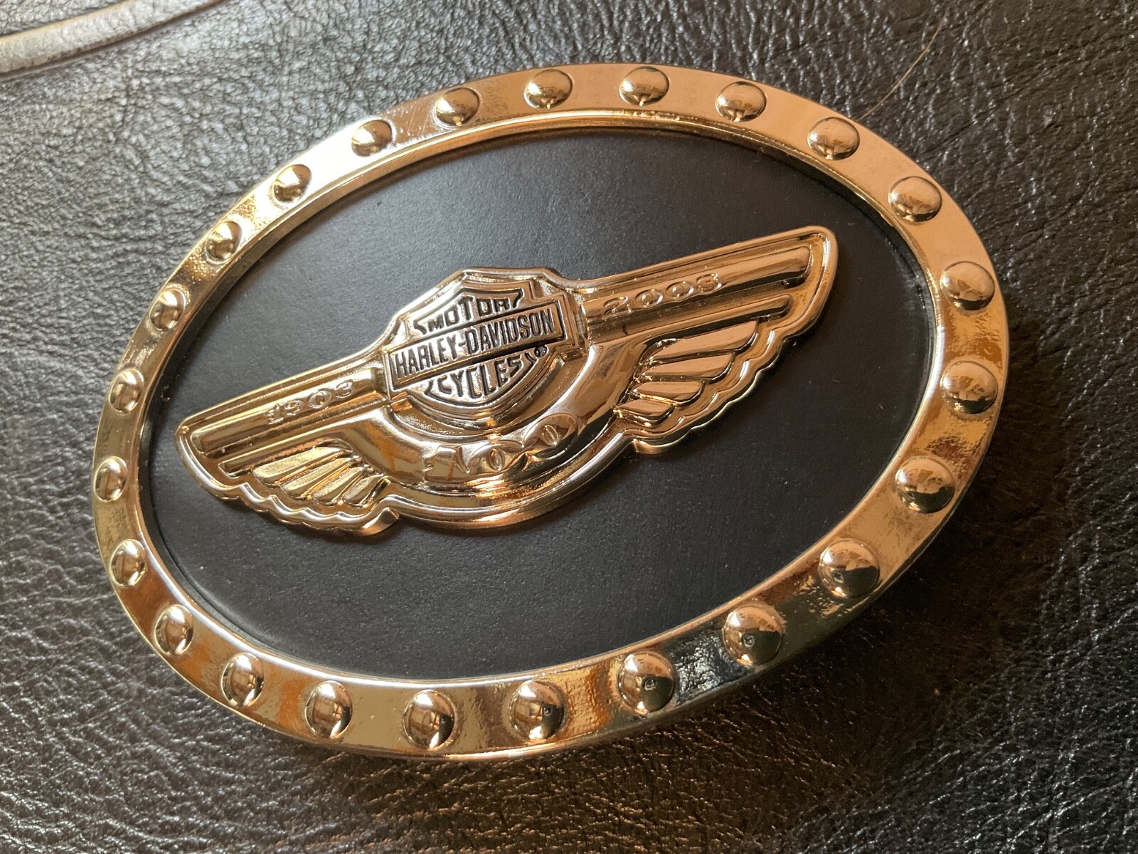 Harley-Davidson 100th Anniversary belt buckle.Bar&Shield w/wings.Chrome plated.