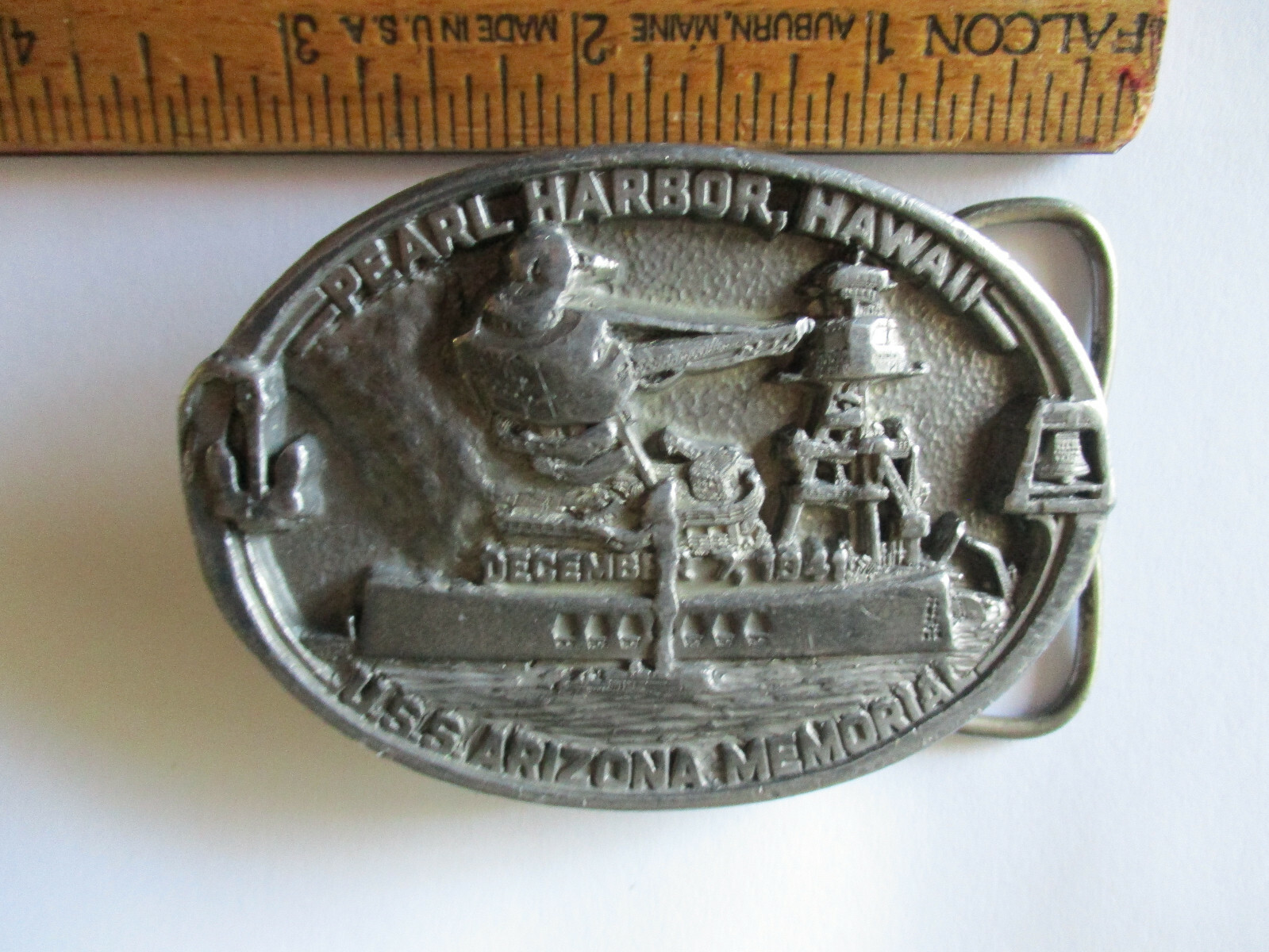 Vintage WWII Pearl Harbor U.S.S. Arizona Memorial Belt Buckle JOPA 1987