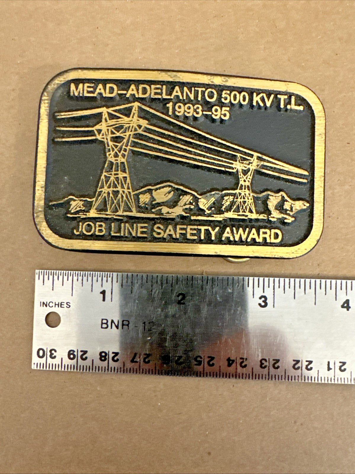 Vtg Solid Brass Belt Buckle Mead-Adelanto 500 KV T.L. Job Line Construction Dyna