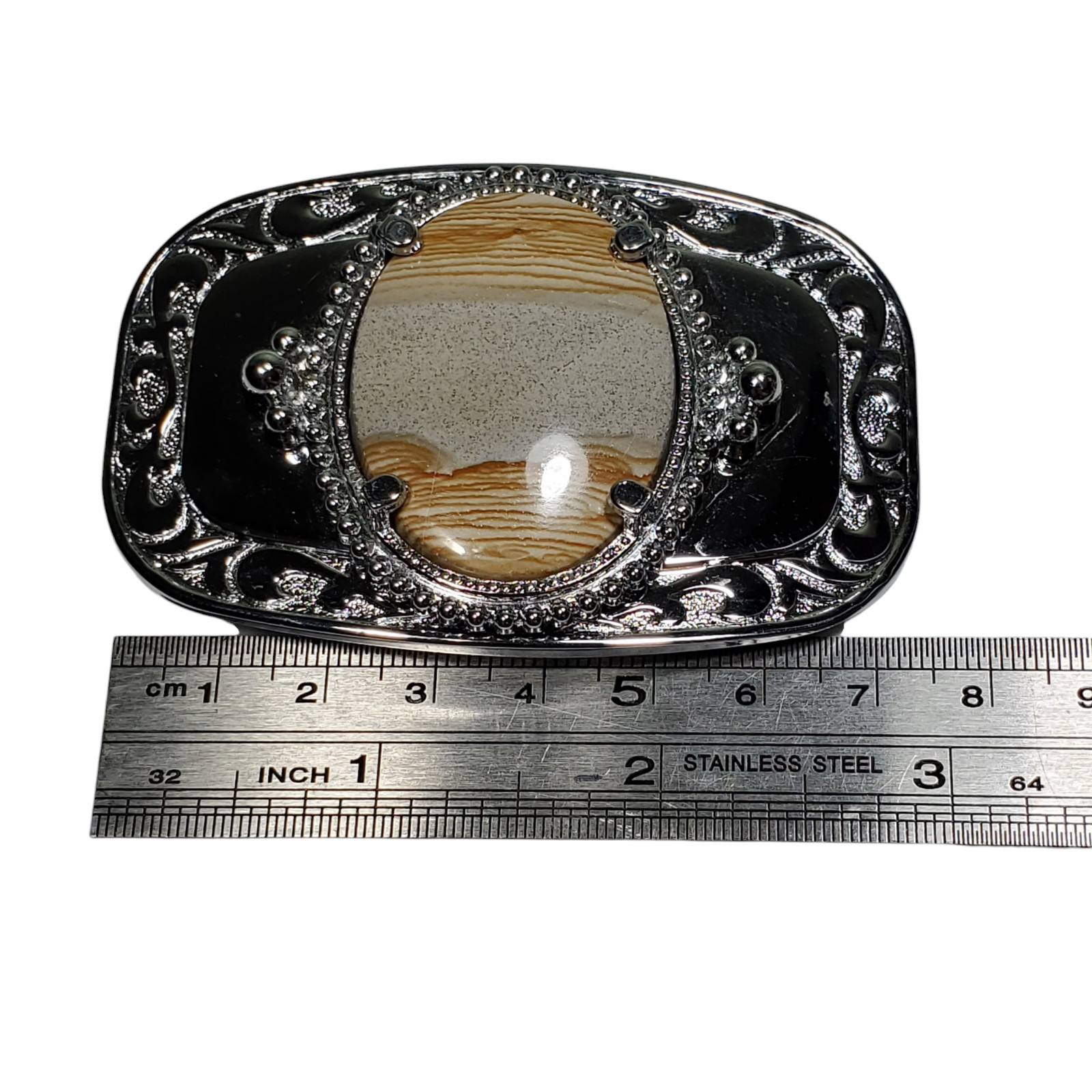 Faux Polished Wood Belt Buckle Rectangle Silver-Tone Western Rockabilly Unisex