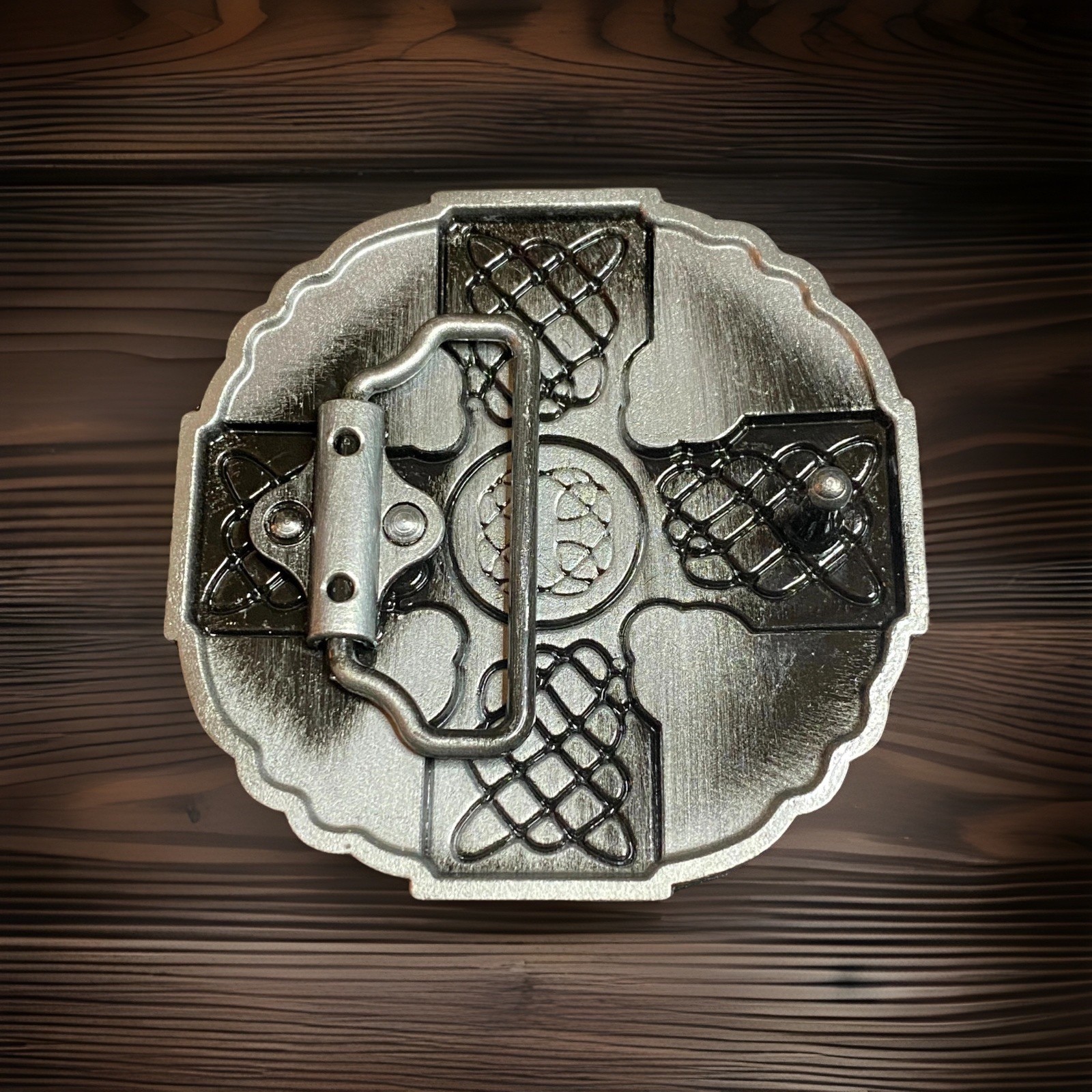 Pewter & Enamel Celtic Knot Wheelhead Cross Belt Buckle