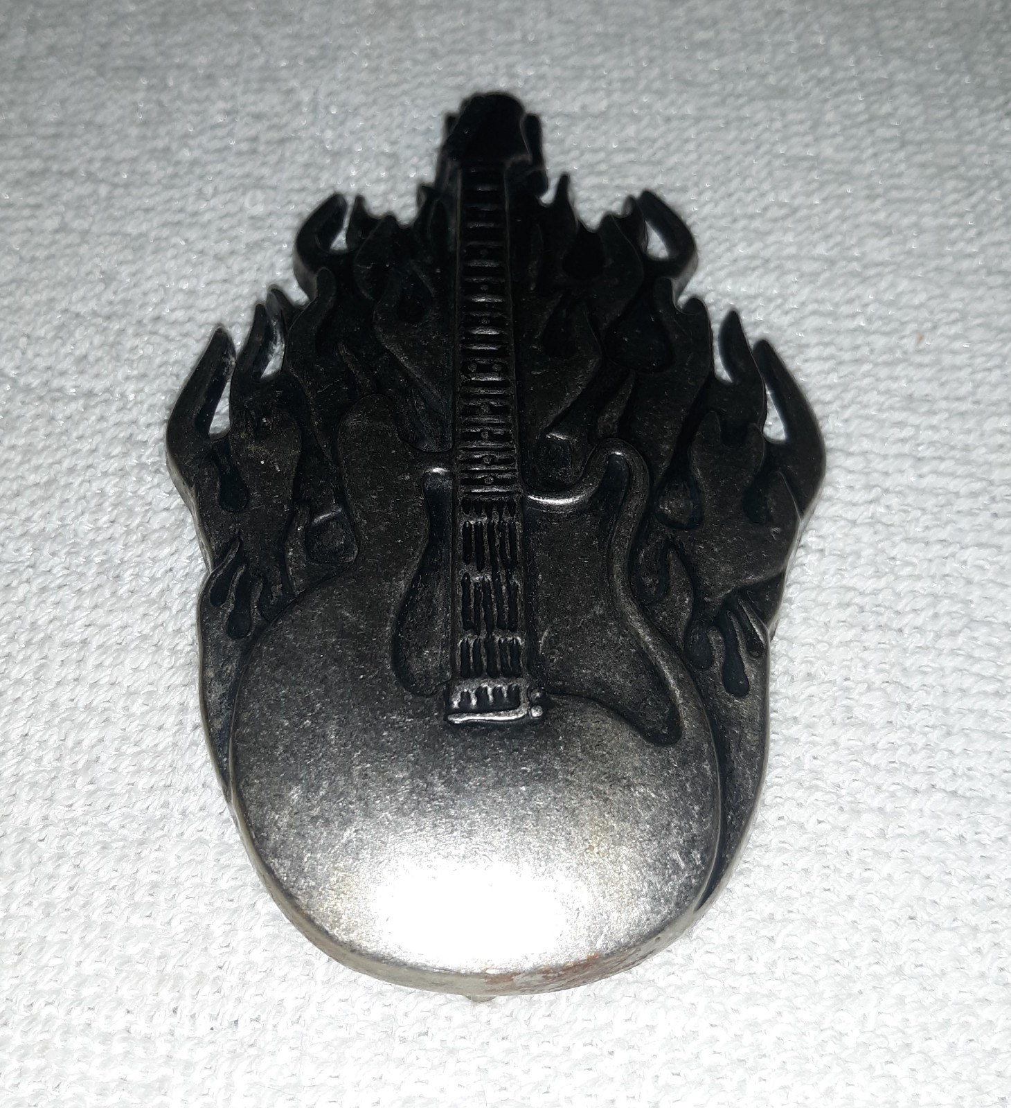 Vintage Pewter Flaming Electric Guitar Rock & Roll Belt Buckle Excellent