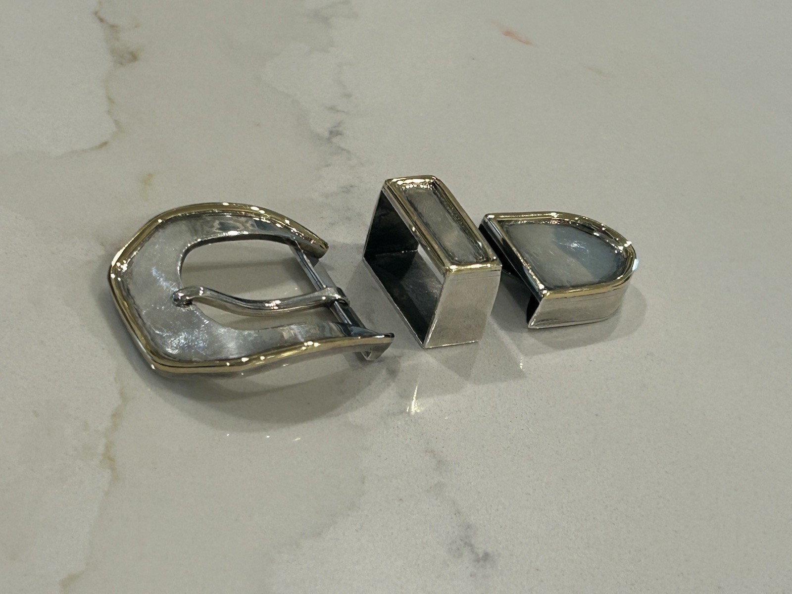 PAT AREIAS 925 Sterling & 18k Yellow Gold Modernist 3 Pc Belt Buckle Set
