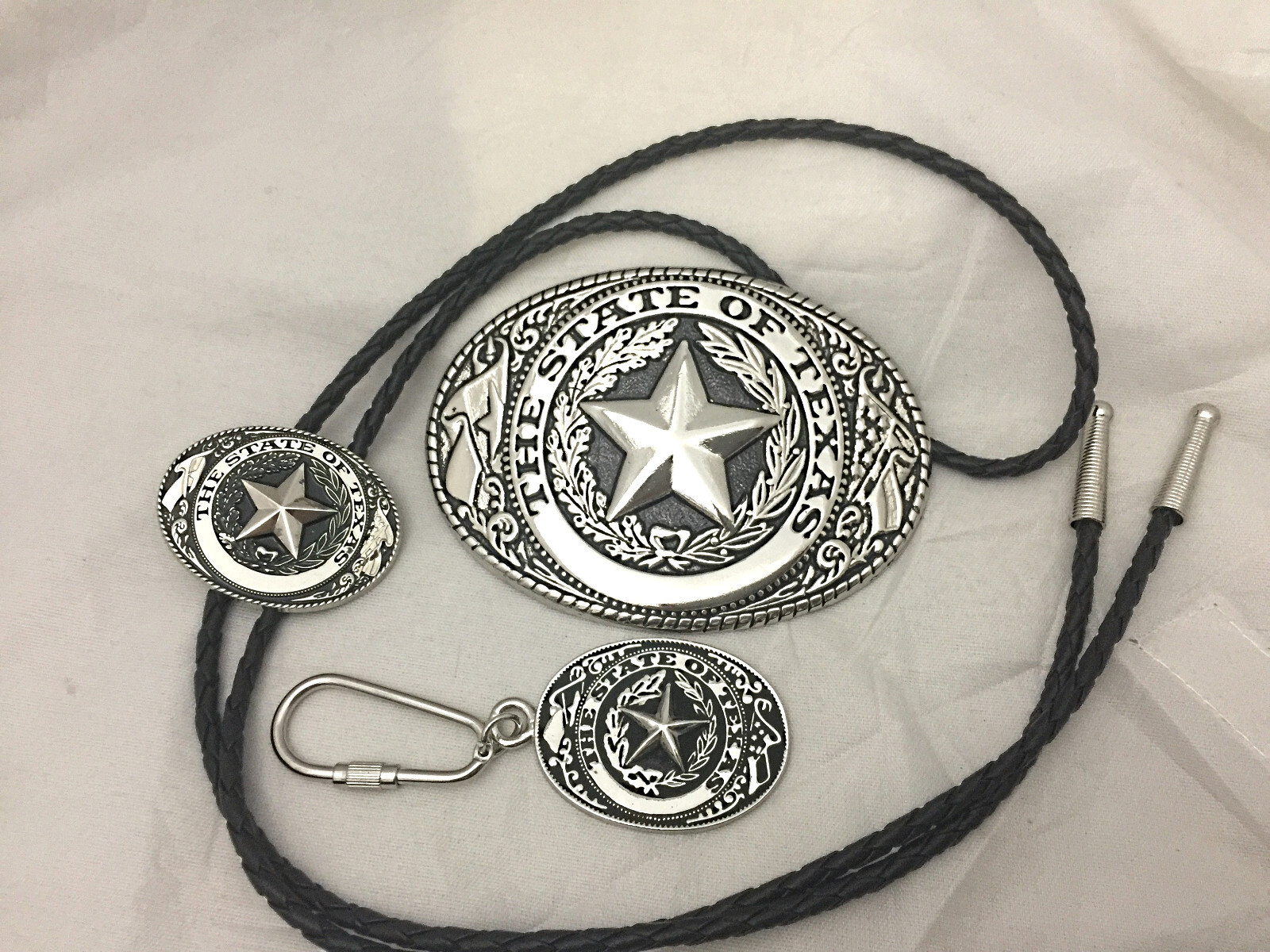 3 piece set Texas Seal Set: Belt Buckle, Bolo and Key Ring (Silver)
