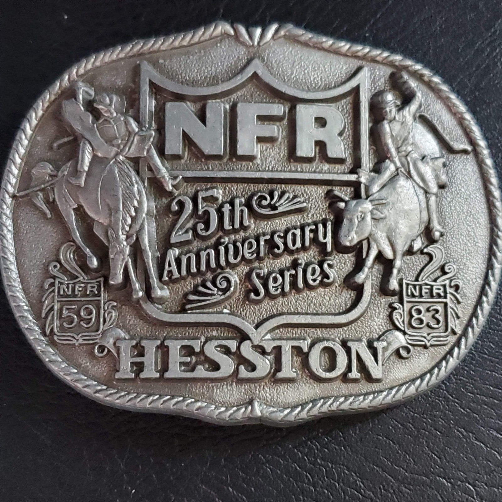 Hesston NFR 25th Anniversary Series 1983 Belt Buckle First Edition Rodeo Pewter