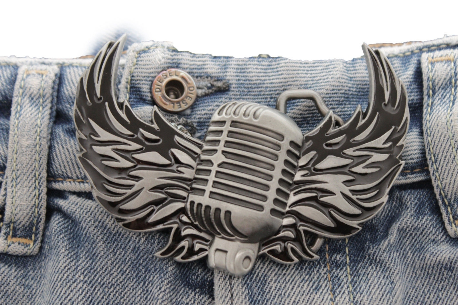 Men Women Silver Buckle Western Hip Hop Radio Music Microphone Fire Wings Rocker