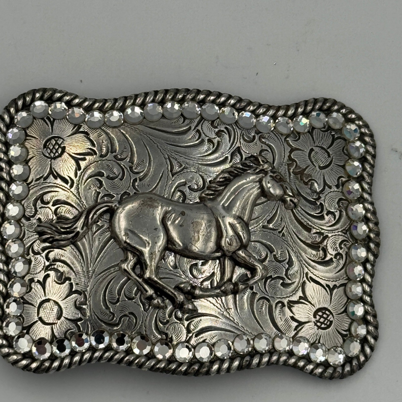 Western Horse Belt Buckle Silver Tone Floral Engraved Rhinestone Border Rodeo