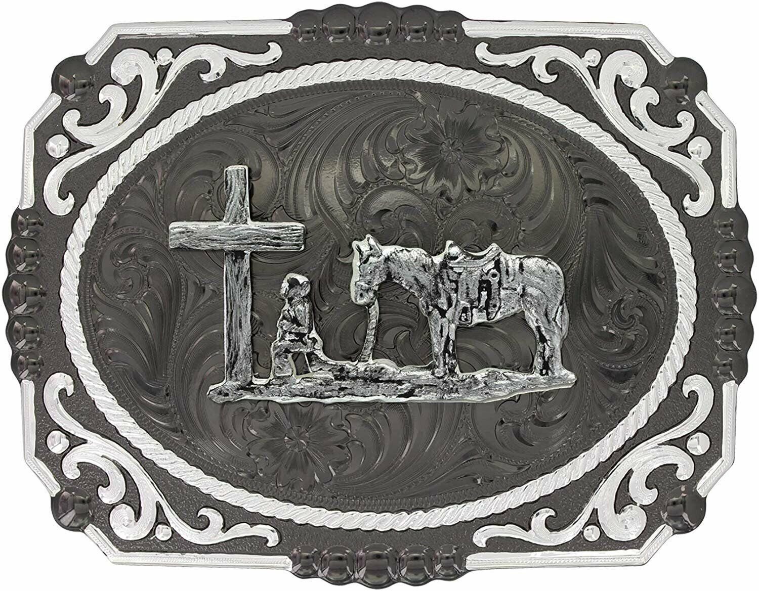 Montana Silversmiths Gunmetal Cameo Filigree with Christian Cowboy Buckle