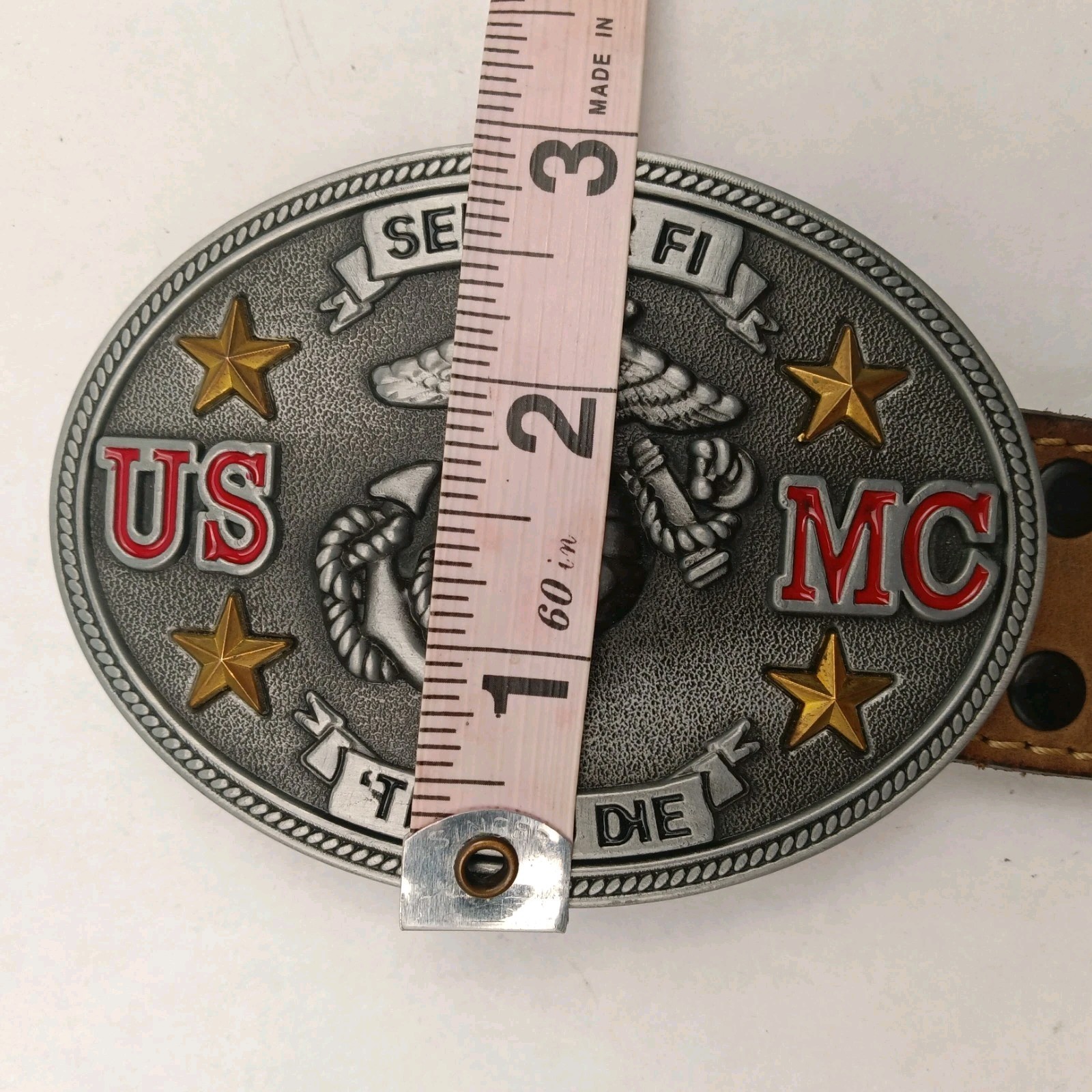 USMC Marine Corps Enameled Belt Buckle And Leather Wrangler Belt 39&Prime;-44&Prime;