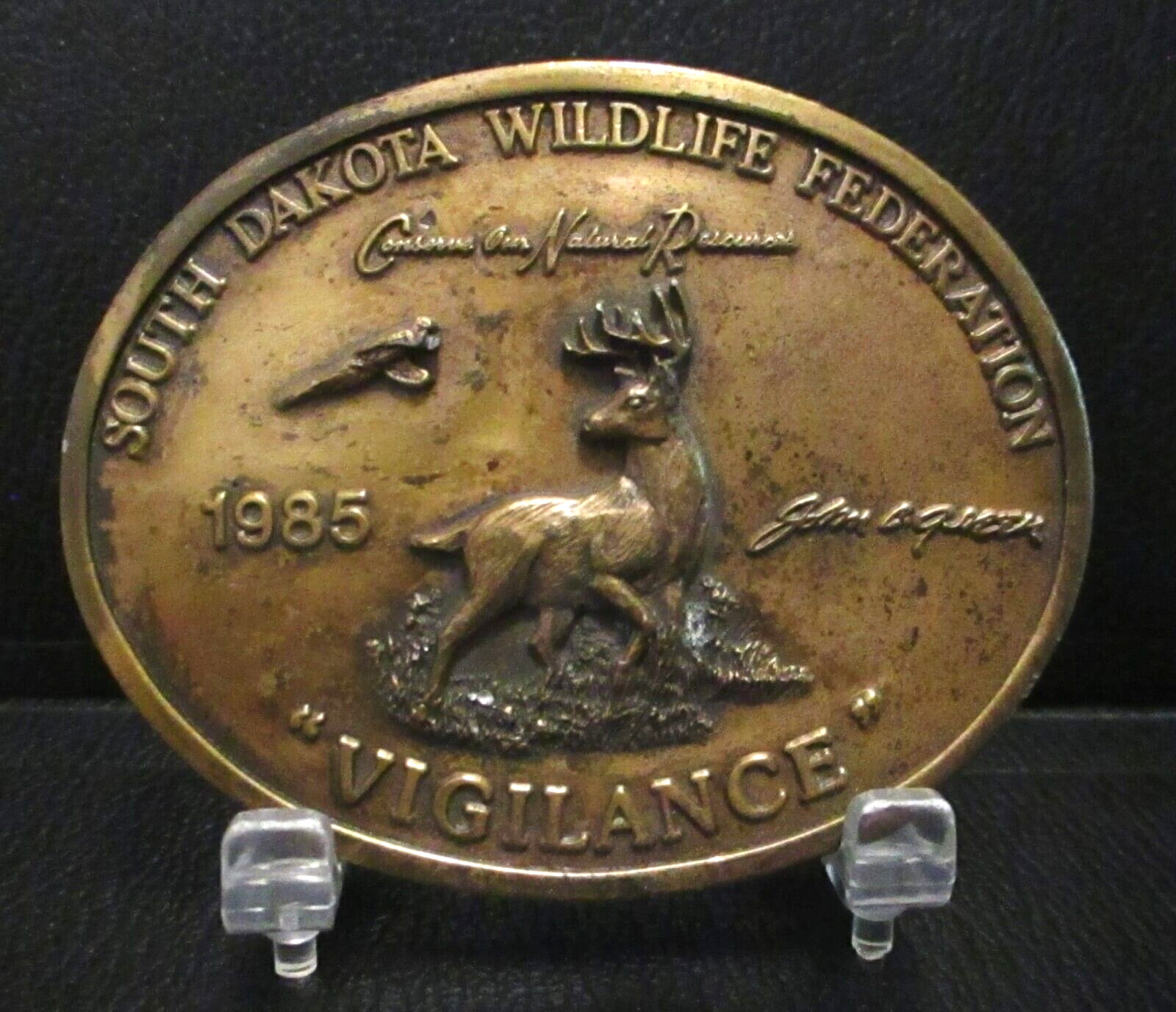 South Dakota Wildlife Federation Vigilance Buck Deer Belt Buckle 1985 John Green