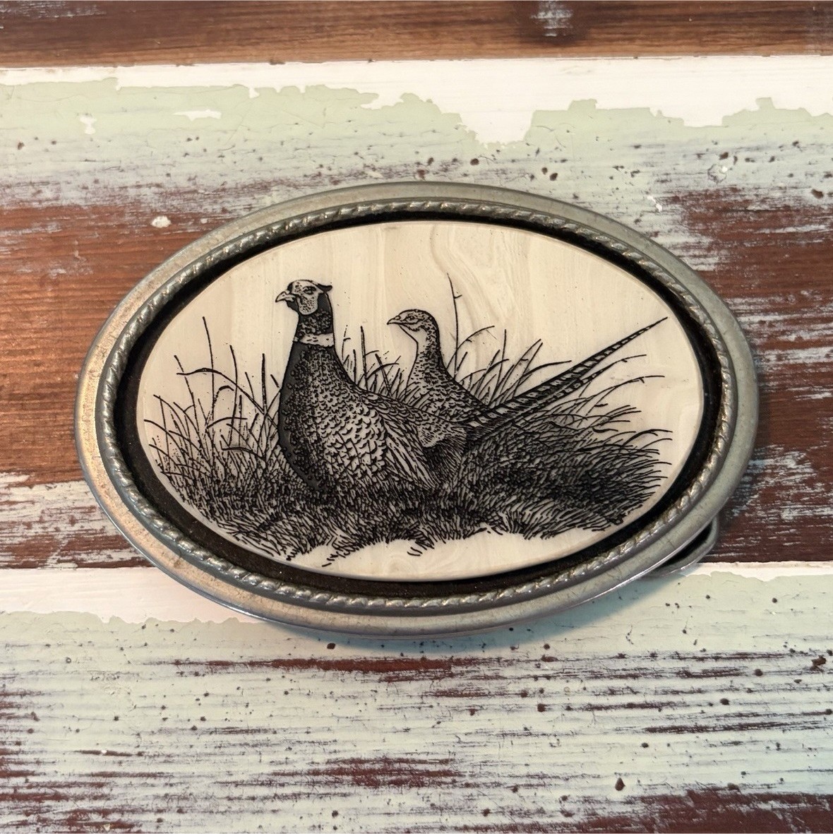 The Beaver Buckle Co. Oval Hunting Bird Pheasants Western Belt Buckle