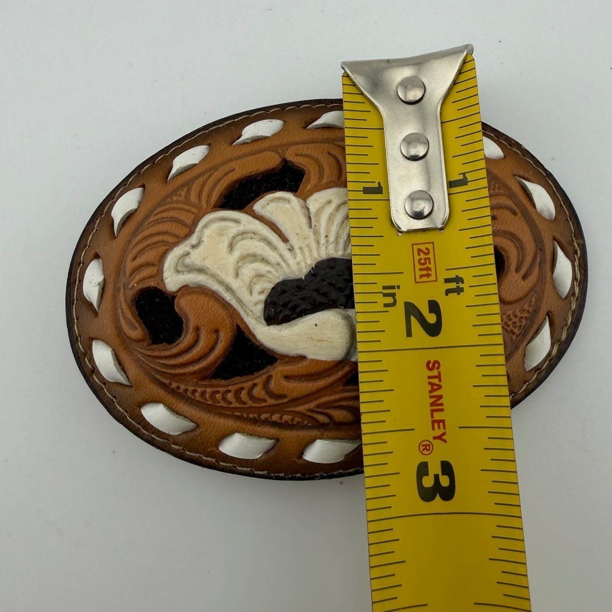 Tony Lama Vintage Tooled Leather Floral Belt Buckle Brown White Made in USA