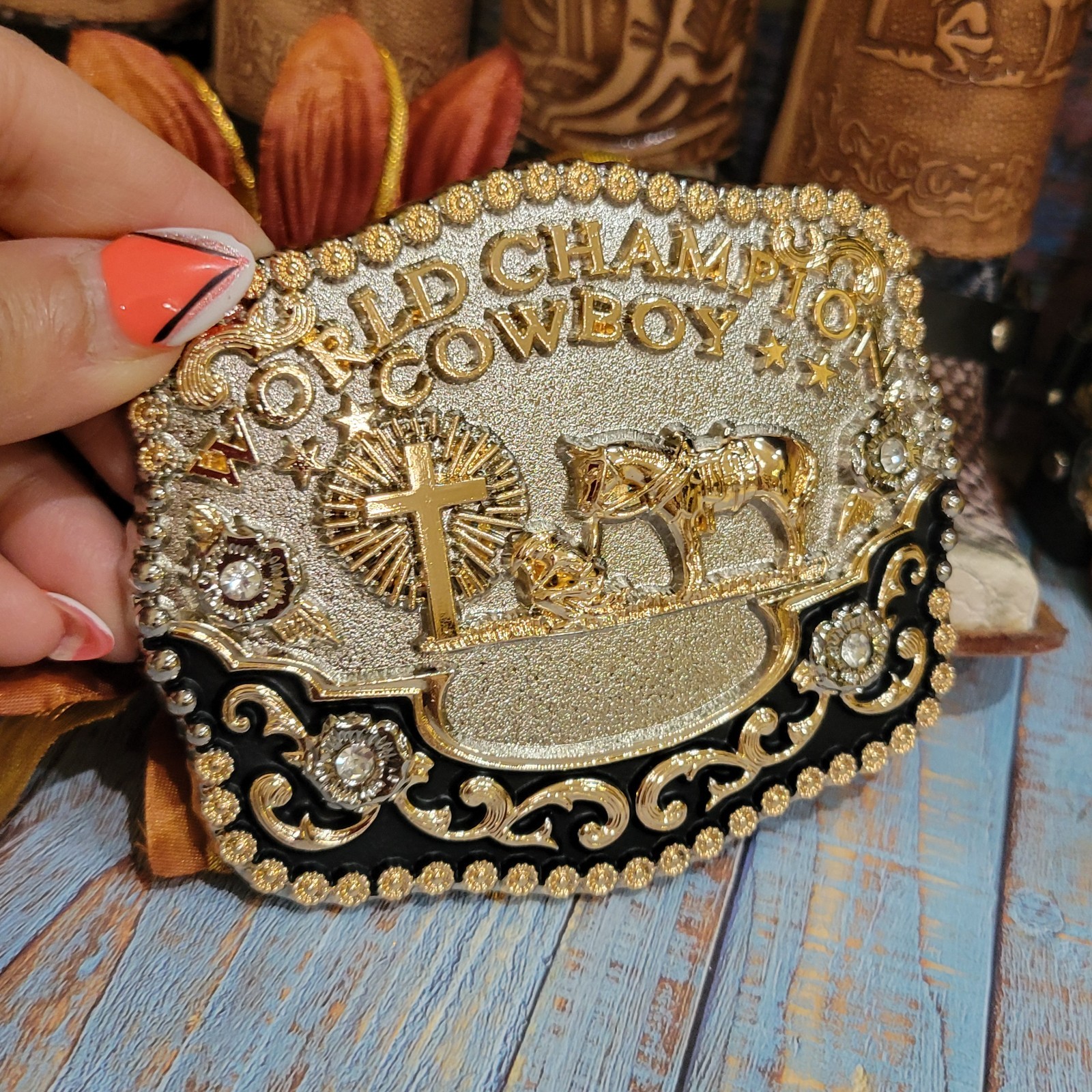 Praying Cowboy Champion Belt Buckle Western Hebilla Rodeo Silver & Rosetone