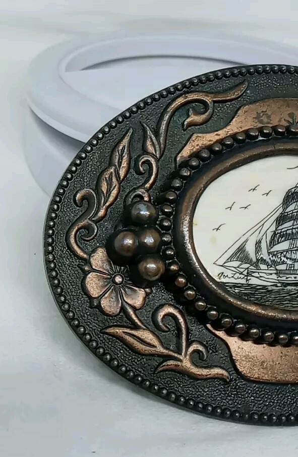 Vtg. 1970s Sailing Ship Belt Buckle W Birds. Brass Plated Metal. Ornate Edges.