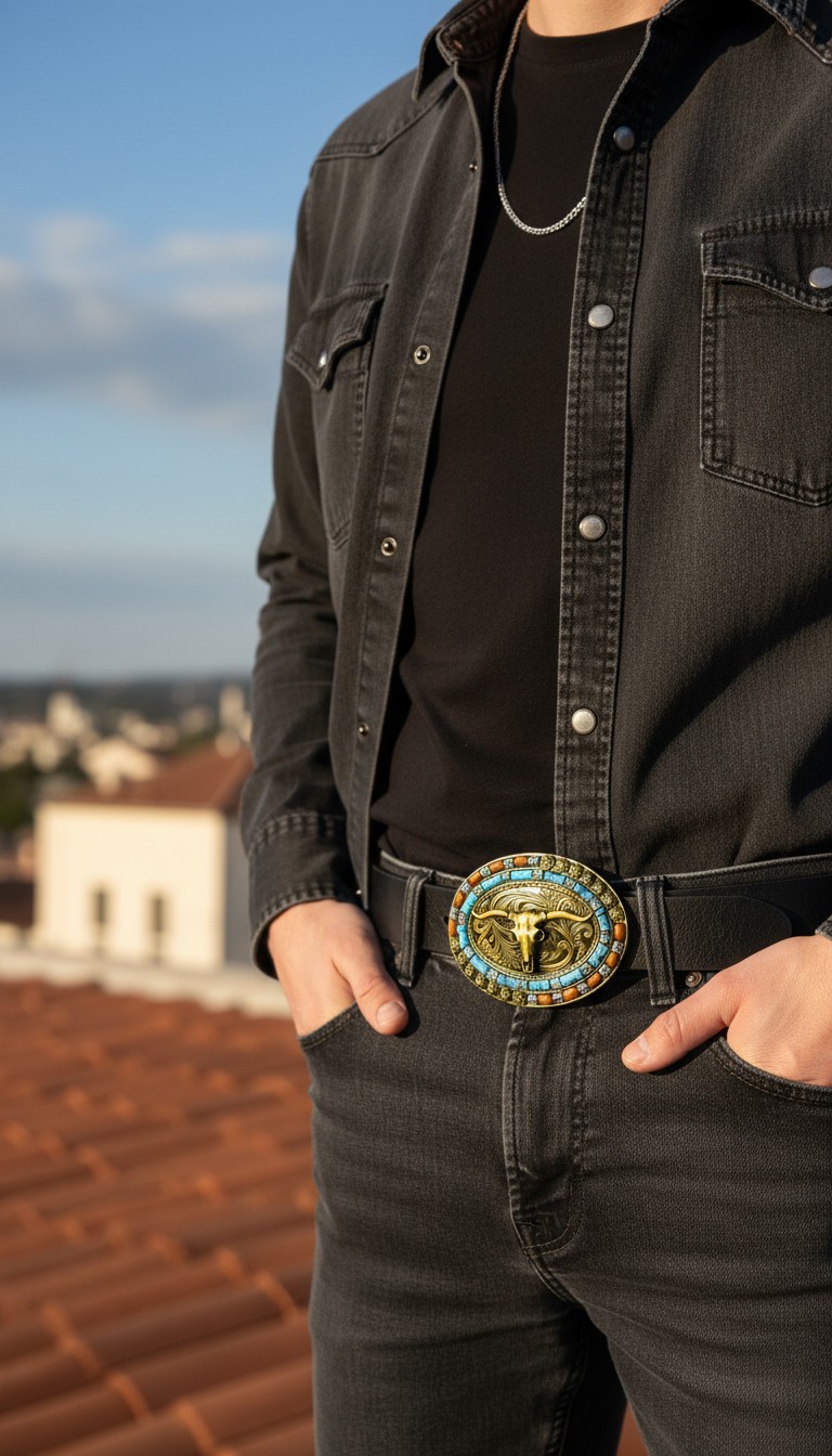 Men Dark Gold Metal Buckle Western Fashion Bull Long Horn Texas Cow Cowboy Style