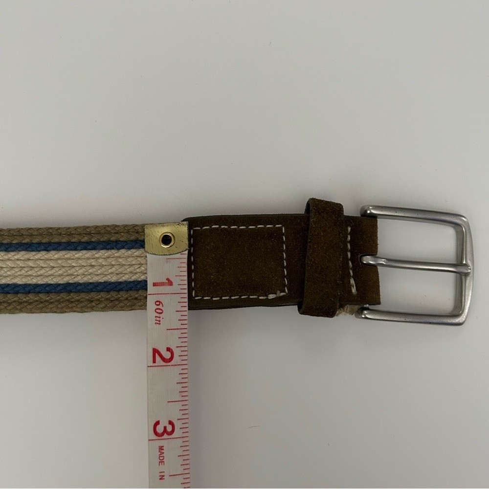 Banana Republic Tan Blue Striped Suede & Canvas Sold Brass Buckle Belt Small