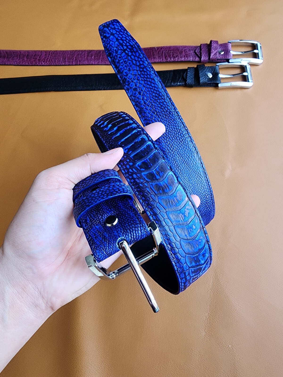 3.8CM Navy Blue 100% Genuine Nubuck Ostrich Legs Leather Skin Men Belt Buckle
