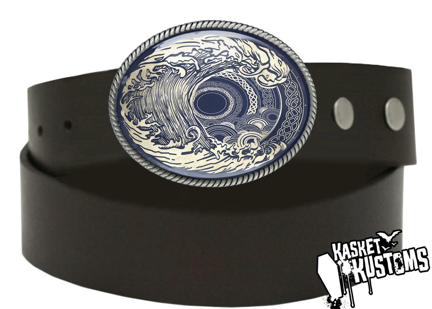 Tsunami Belt Buckle – Ornate Ocean Wave Tattoo Art Handmade Buckle – 33