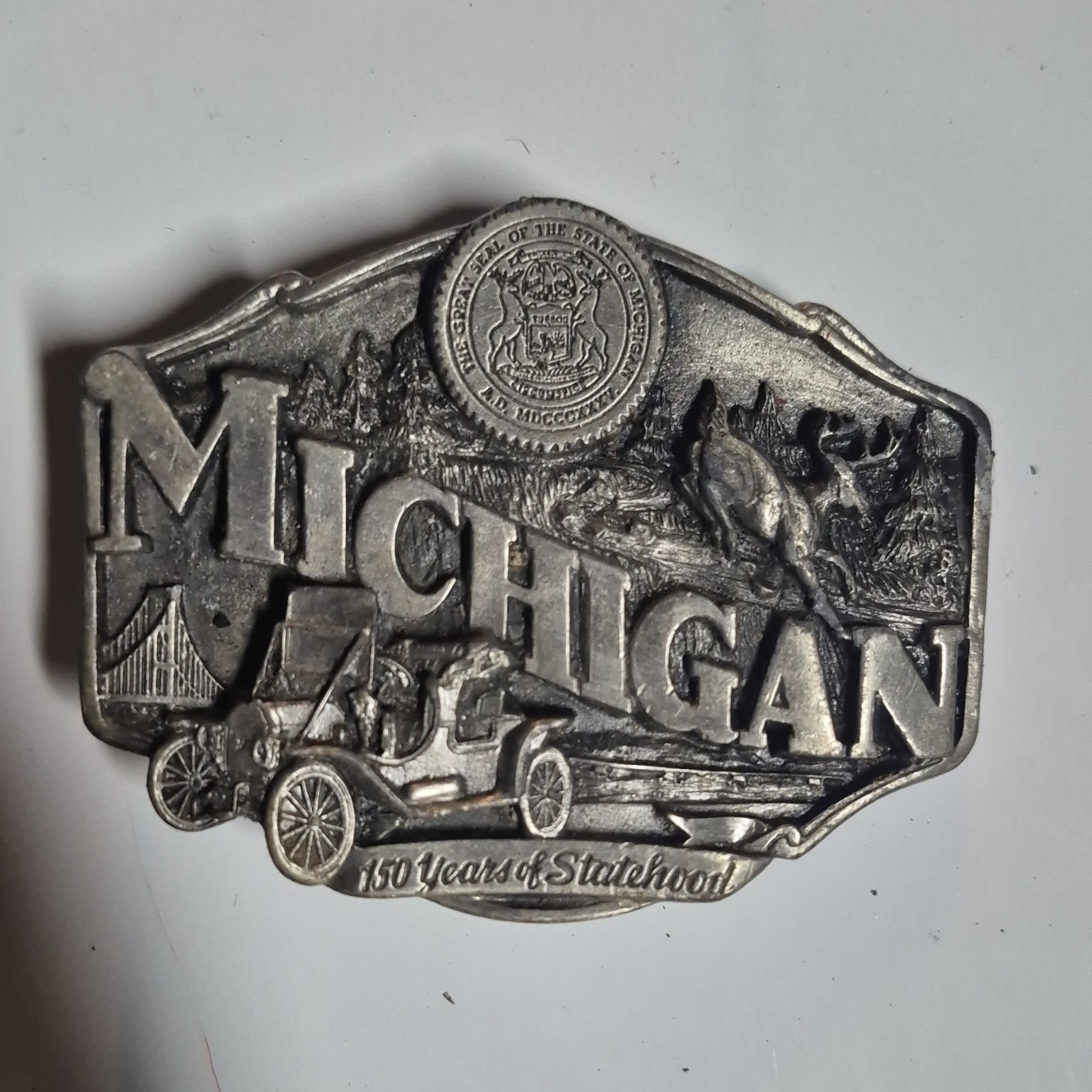Lot of 3 Michigan 150 Years Statehood Limited Edition Silver Belt Buckles 1.5&Prime;