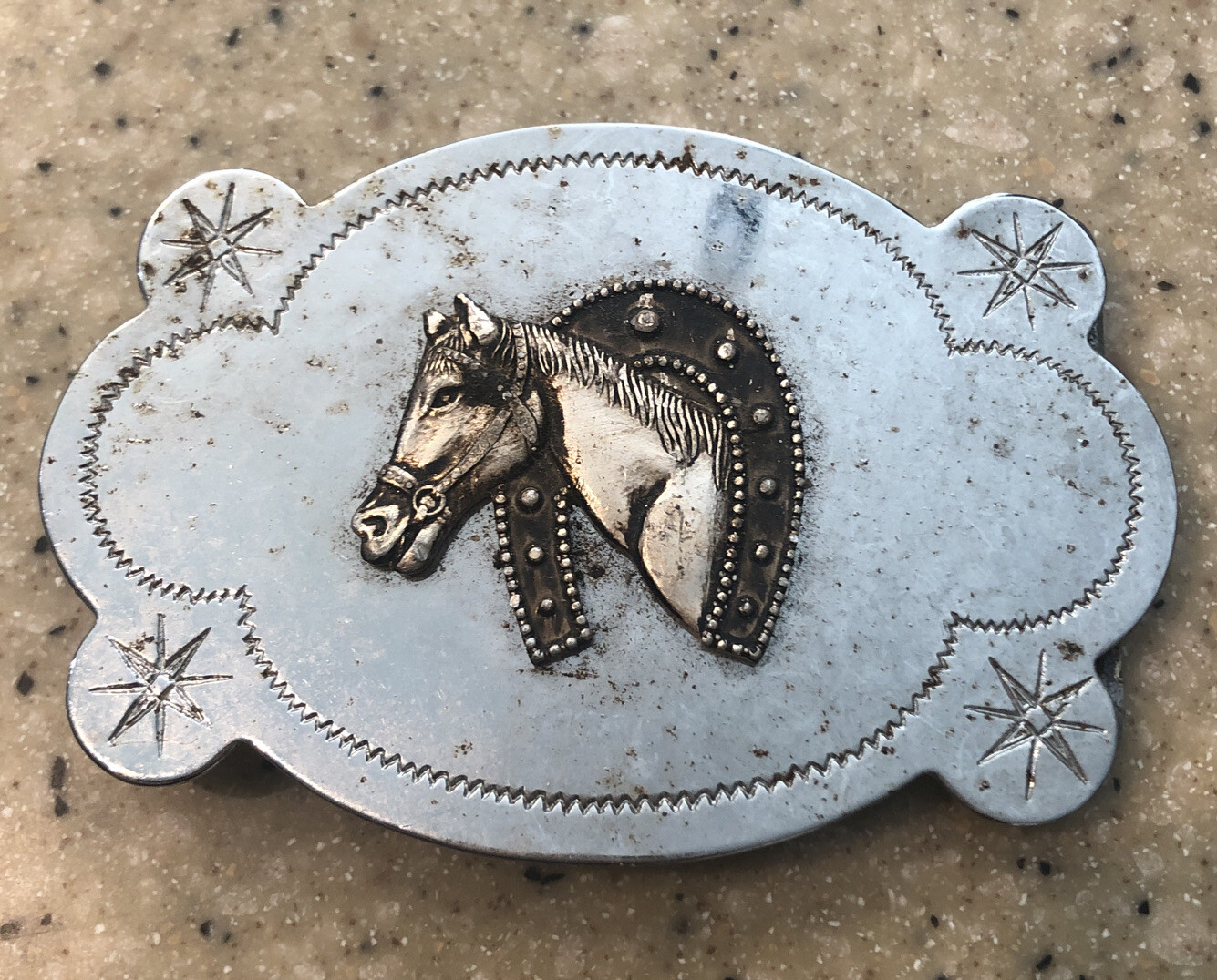 Two Toned Silver Horse Head and Horseshoe Belt Buckle Made in Hong Kong