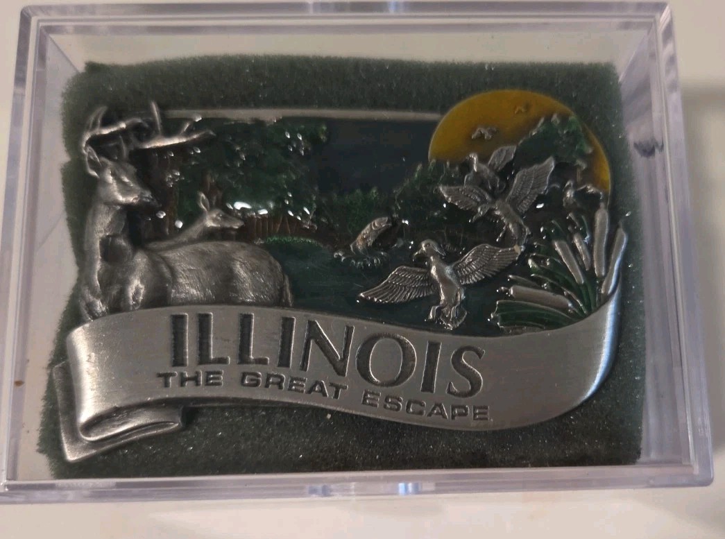 Vintage Collectible 1984 ILLINOIS Pewter and Enamel Belt Buckle by Bergamot