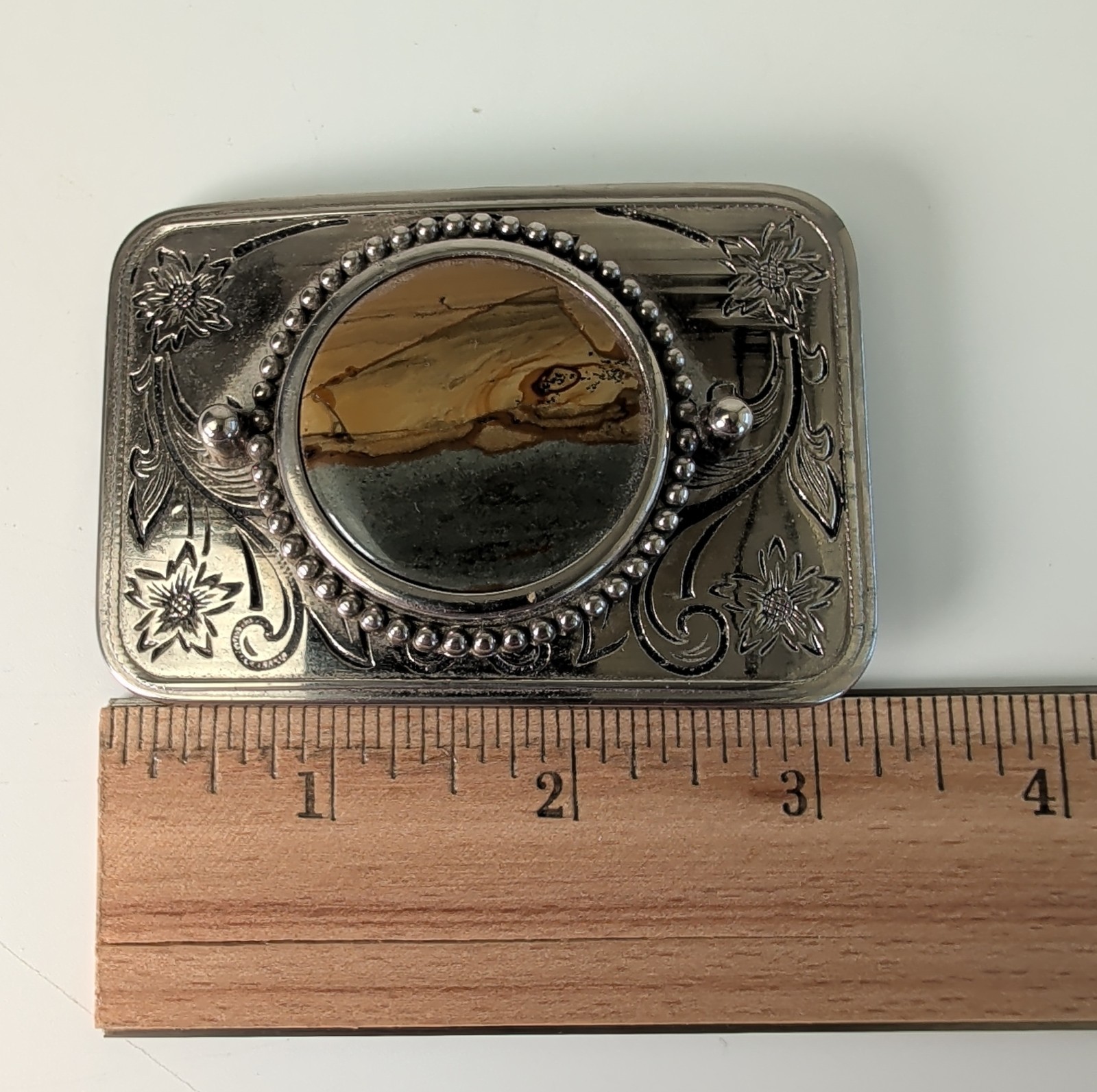 Vintage Landscape Jasper Stone Western Silver Tone Belt Buckle