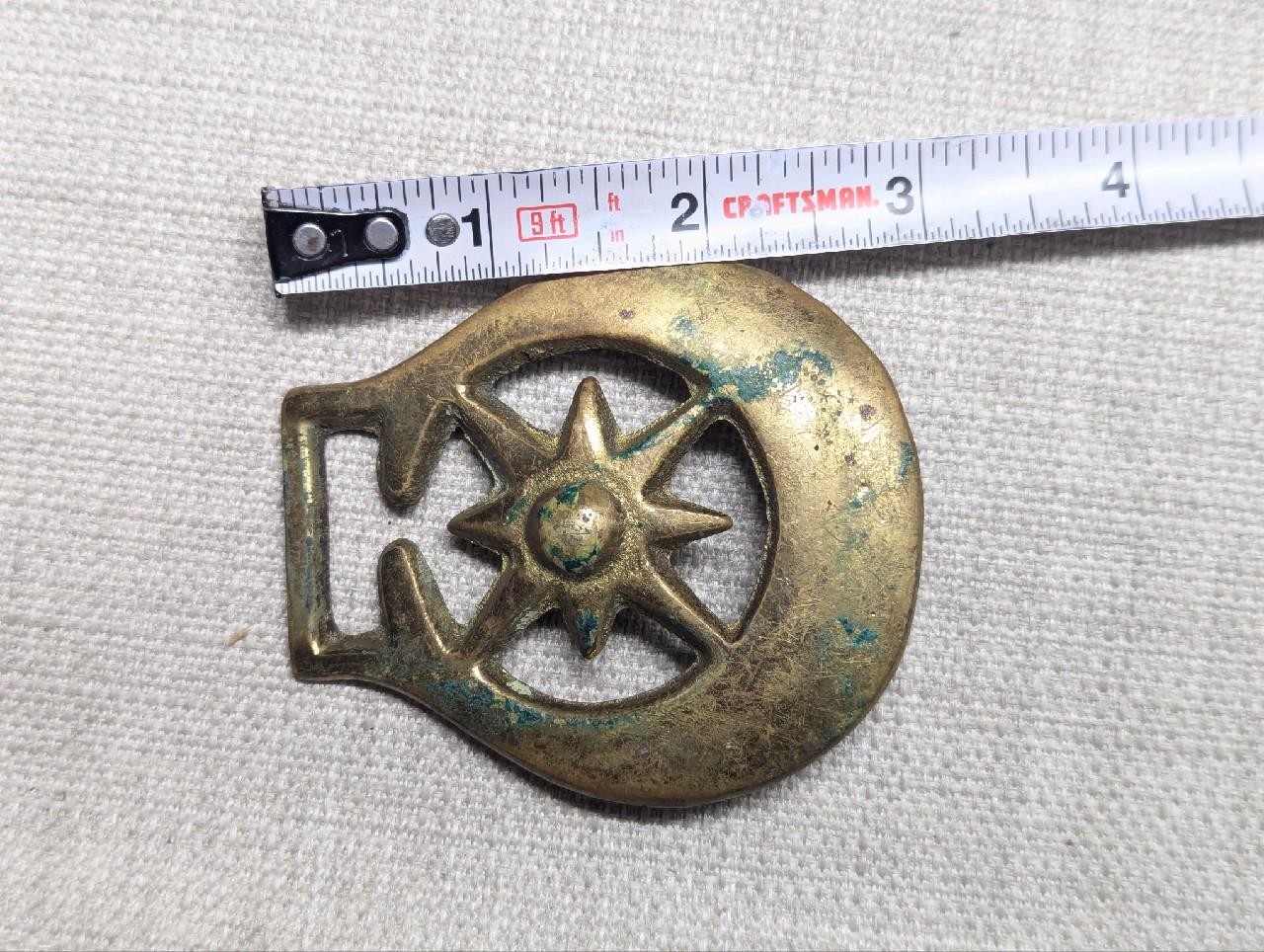 vintage BRASS belt buckle CRECENT moon horse WESTERN antique military BRUTALIST