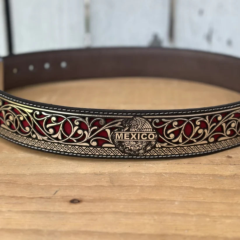 Genuine Laser Cut Leather Mexico Western Belt with Removable Buckle – Silver