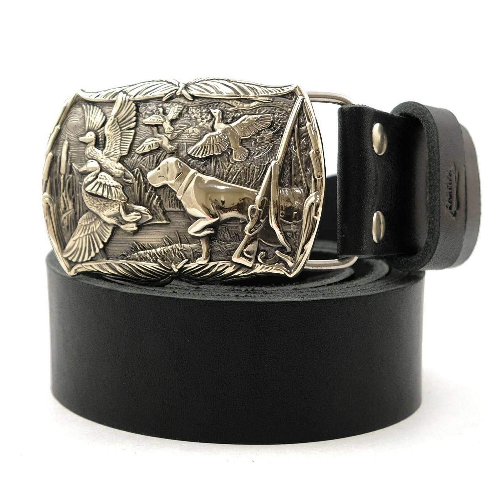 German silver belt buckle « Duck hunting », Trophy belt buckle, Hunter belt buckle