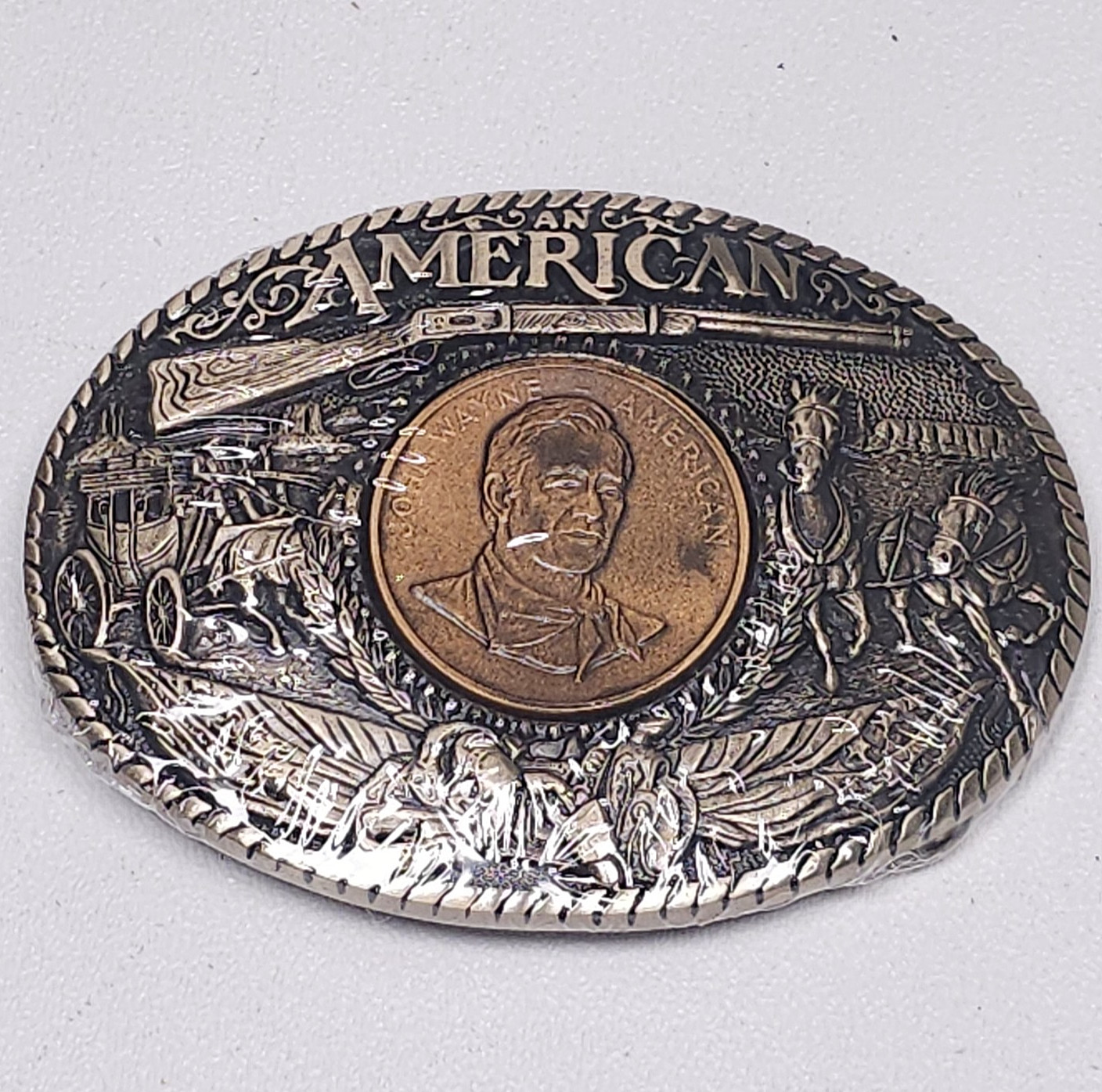 Vtg John Wayne American Belt Buckle Solid Brass Rainy Mtn Designs SEALED 1st Ed.