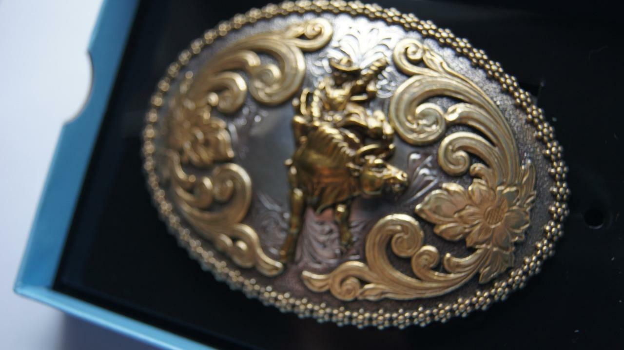 Nocona Belt Buckle BULL RIDER Gold & Silver Tone Western cowboy 3756641